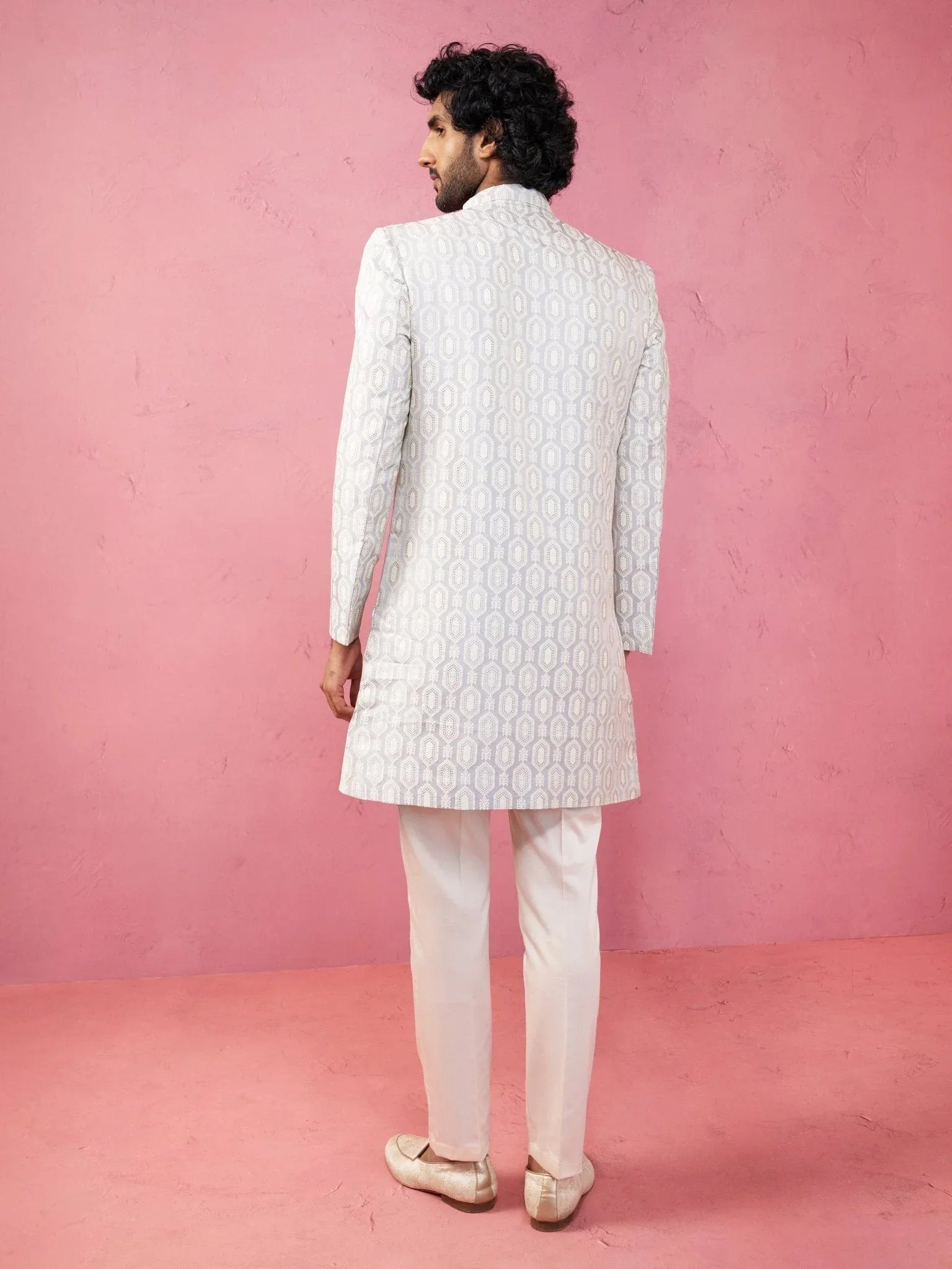 Men's Grey Jacquard Indo-Western Kurta with Cream Trousers
