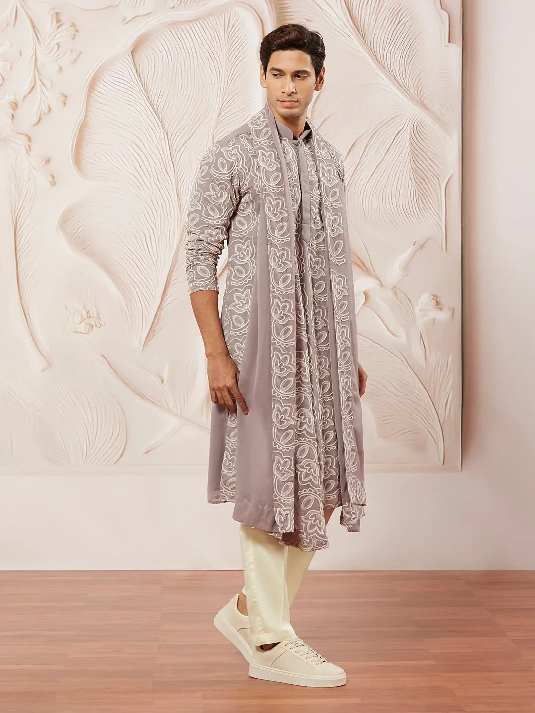 Men's Lavender Floral Embroidered Georgette Kurta with Satin Pyjama and Dupatta Set