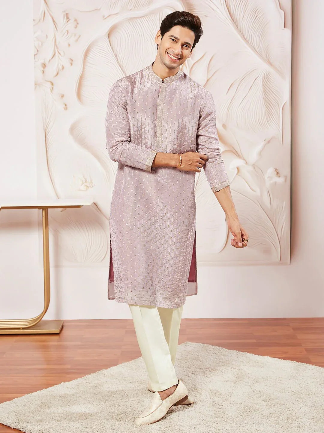 Men's Lavender Tissue Silk Zari Embroidered Kurta with Satin Pyjama Set