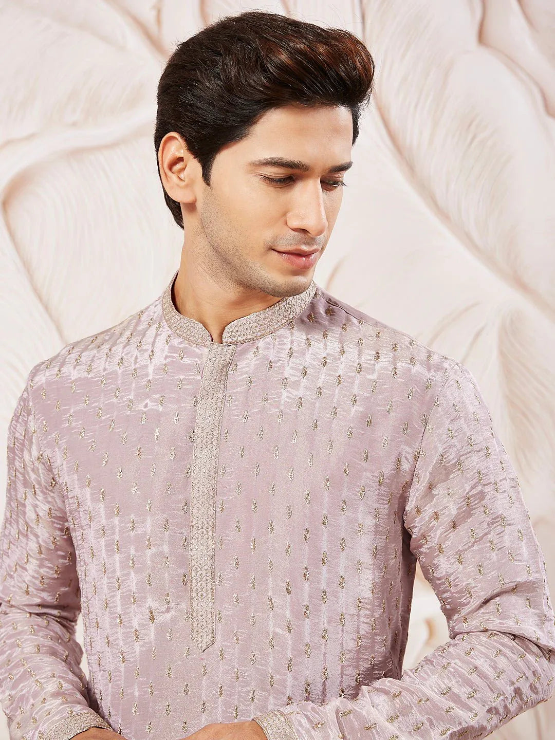 Men's Lavender Tissue Silk Zari Embroidered Kurta with Satin Pyjama Set