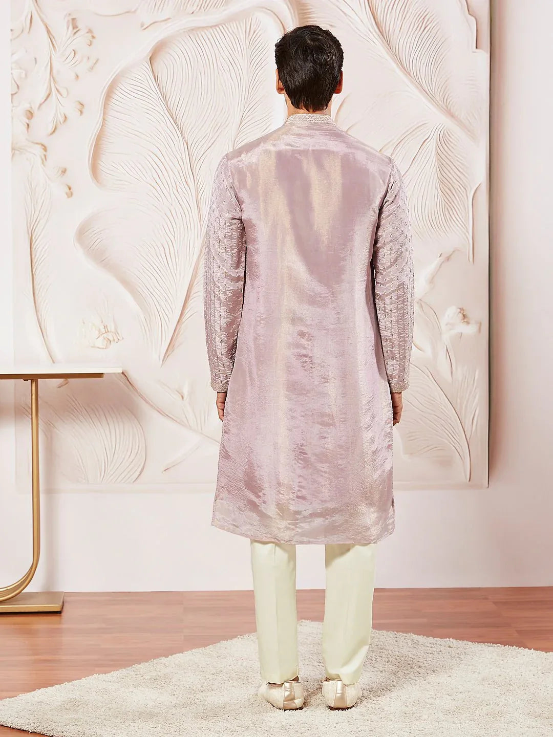 Men's Lavender Tissue Silk Zari Kurta with Satin Pyjama and Lace Dupatta Set