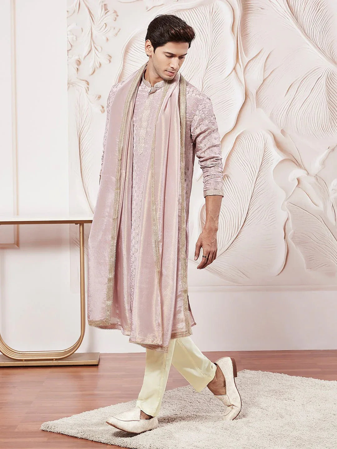 Men's Lavender Tissue Silk Zari Kurta with Satin Pyjama and Lace Dupatta Set