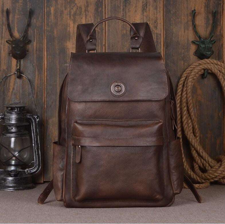 Men's Luxury Classic Leather Shoulder Backpack - By Qivii