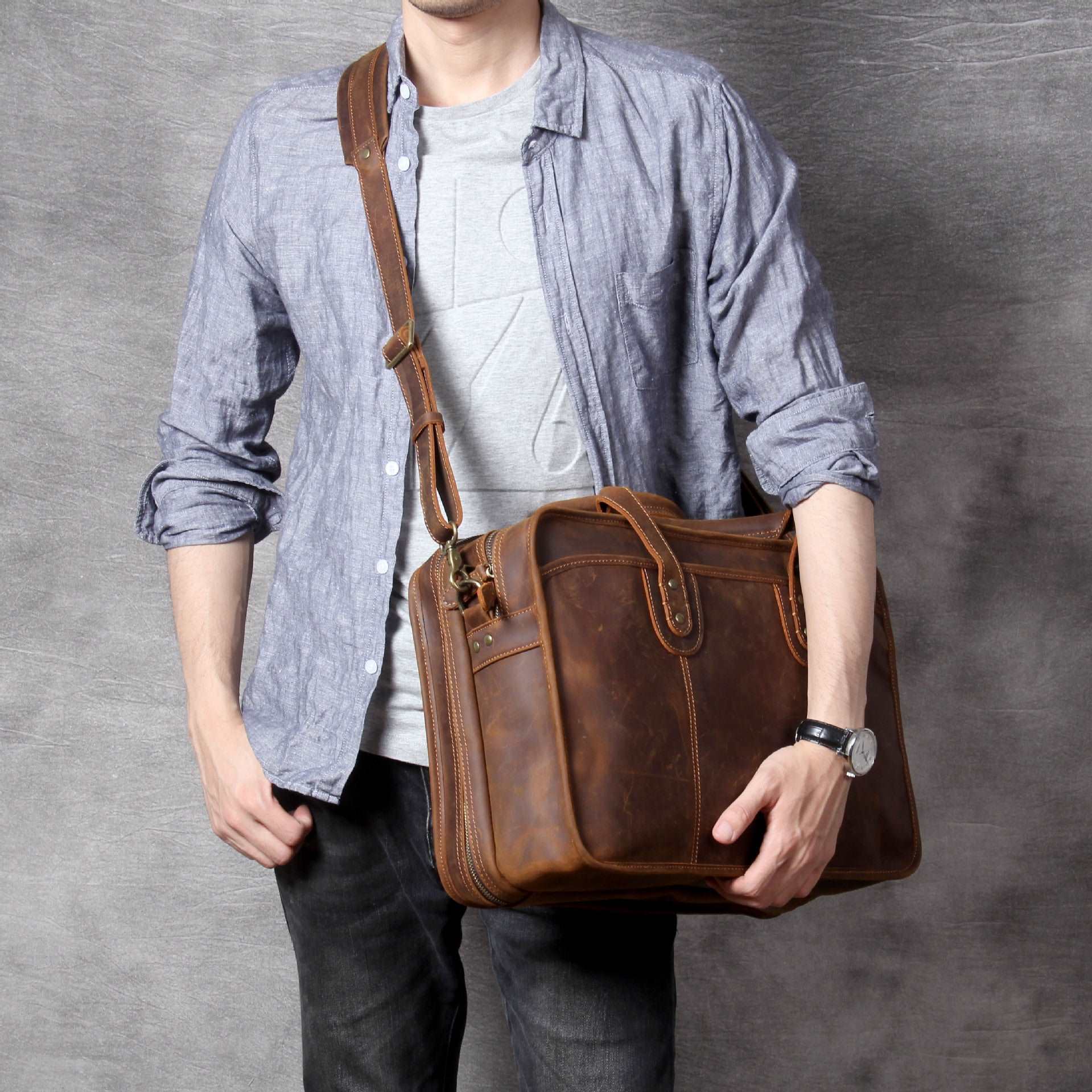 Men's Luxury Leather Medium Laptop Bag - By Qivii