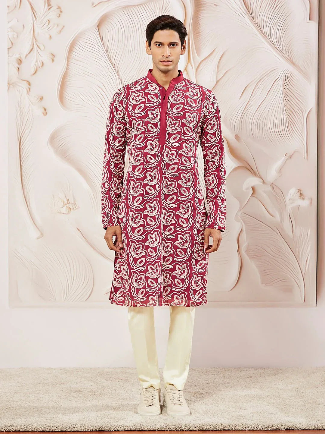 Men's Maroon Embroidered Fox Georgette Kurta Pyjama Set