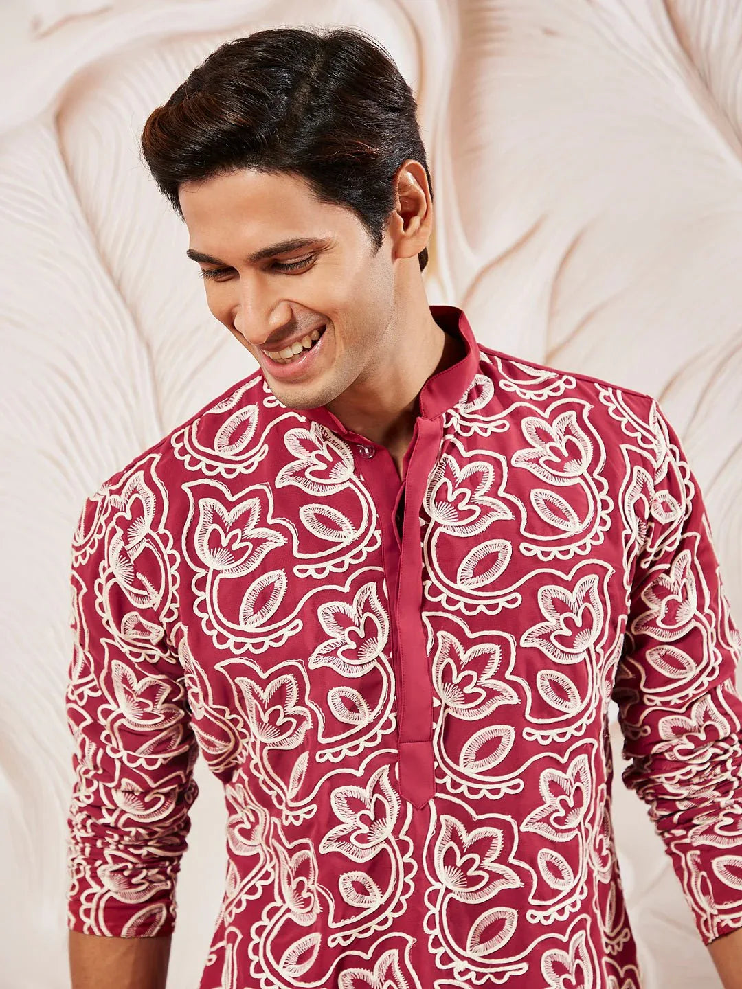 Men's Maroon Floral Embroidered Georgette Kurta with Satin Pyjama and Dupatta Set