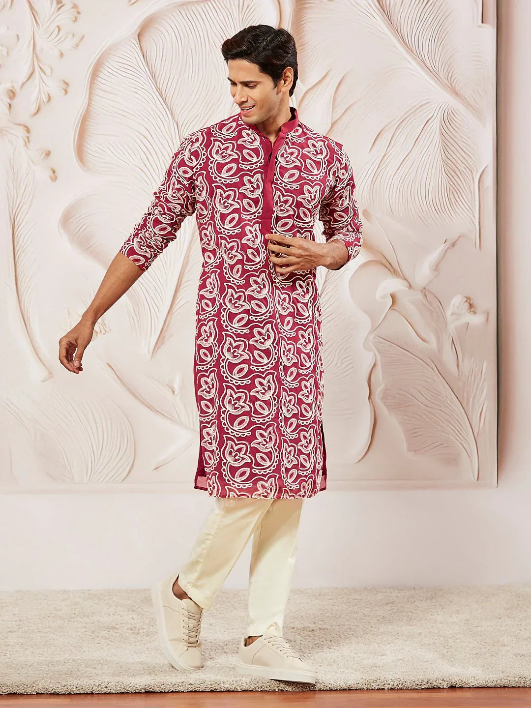 Men's Maroon Floral Embroidered Georgette Kurta with Satin Pyjama and Dupatta Set