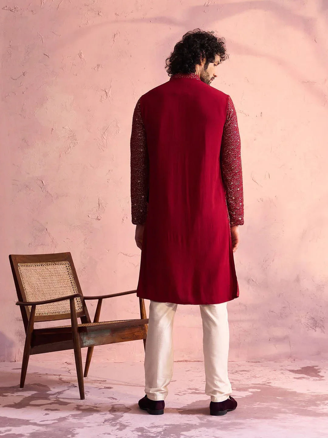 Men's Maroon Ombre Sequin Georgette Kurta with Cream Satin Pyjama