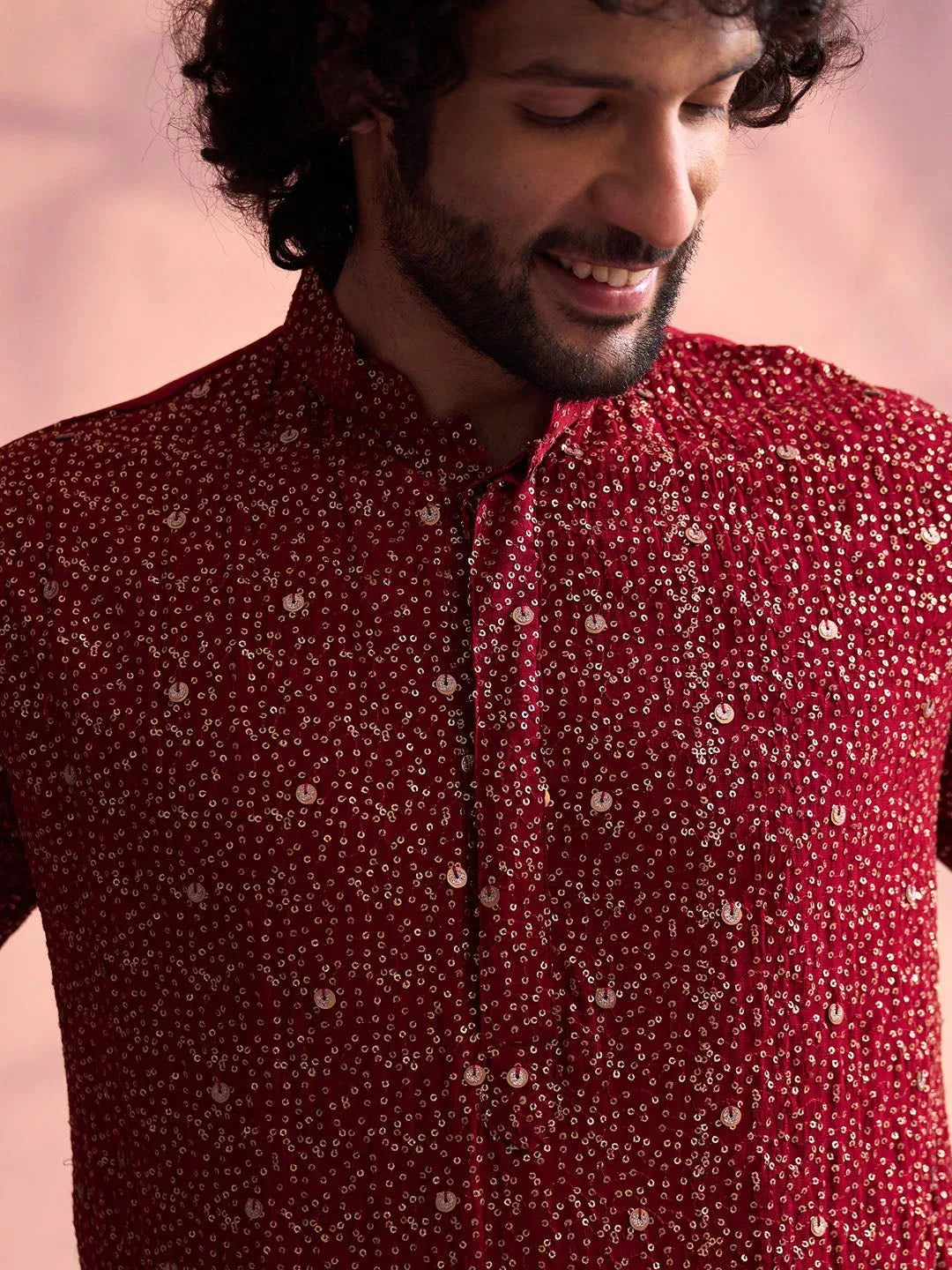 Men's Maroon Ombre Sequin Georgette Kurta with Cream Satin Pyjama