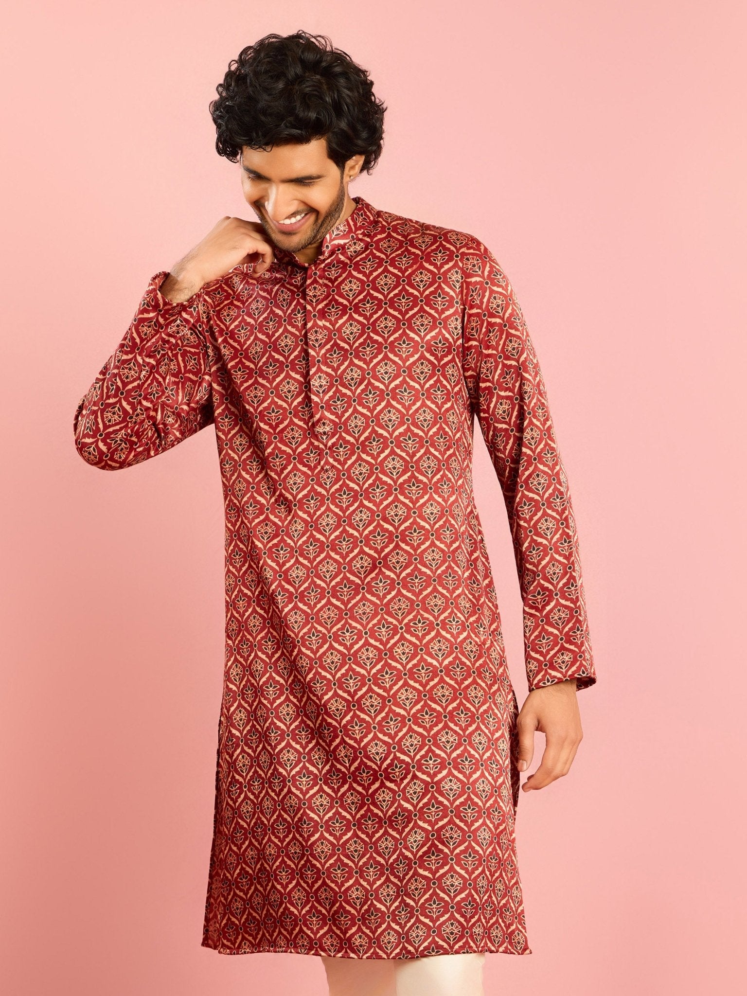 Men's Maroon Ajrak Silk Blend Kurta