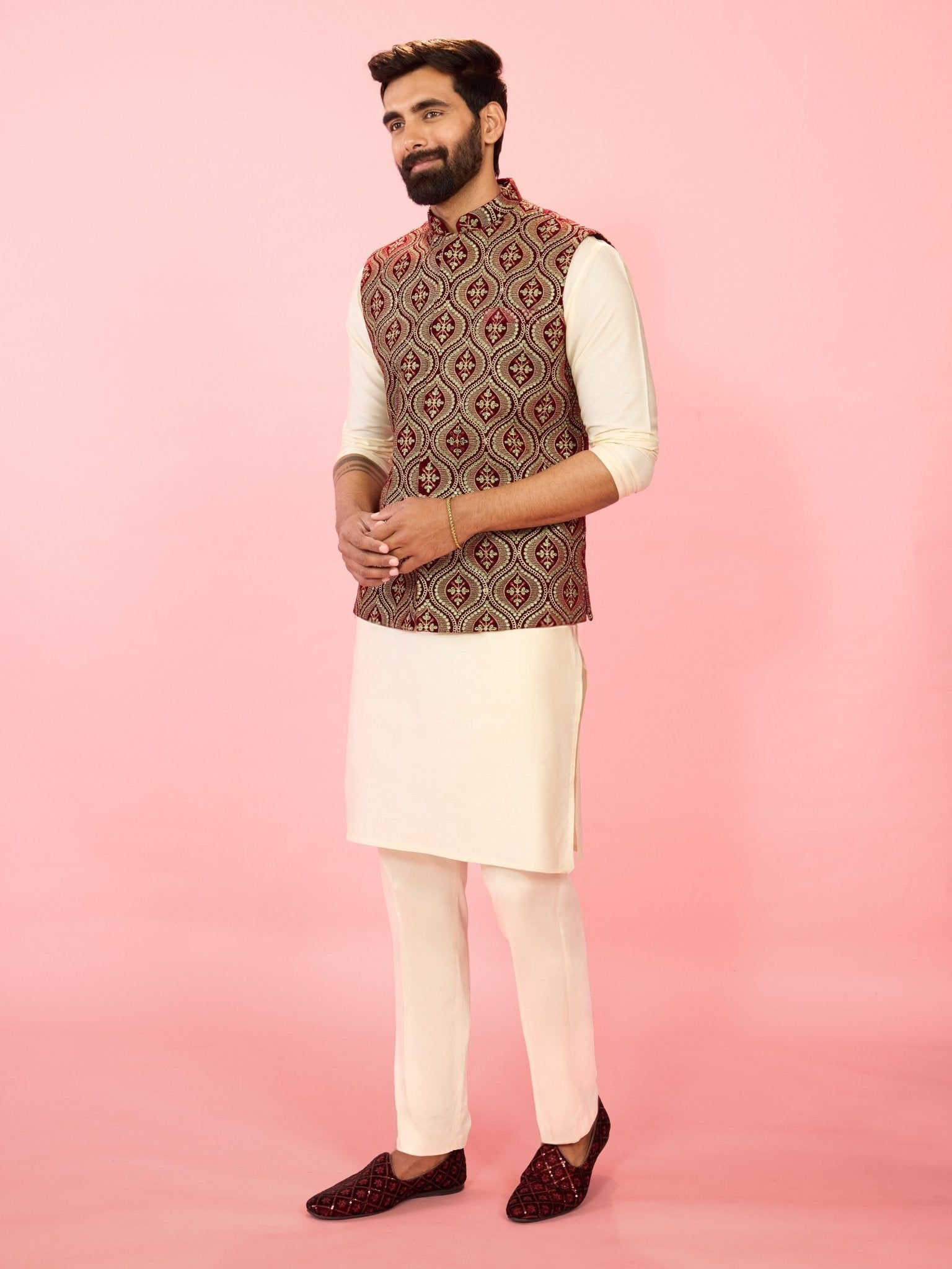 Men's Maroon Velvet Embroidered Nehru Jacket with Cream Silk Kurta & Pant Pyjama