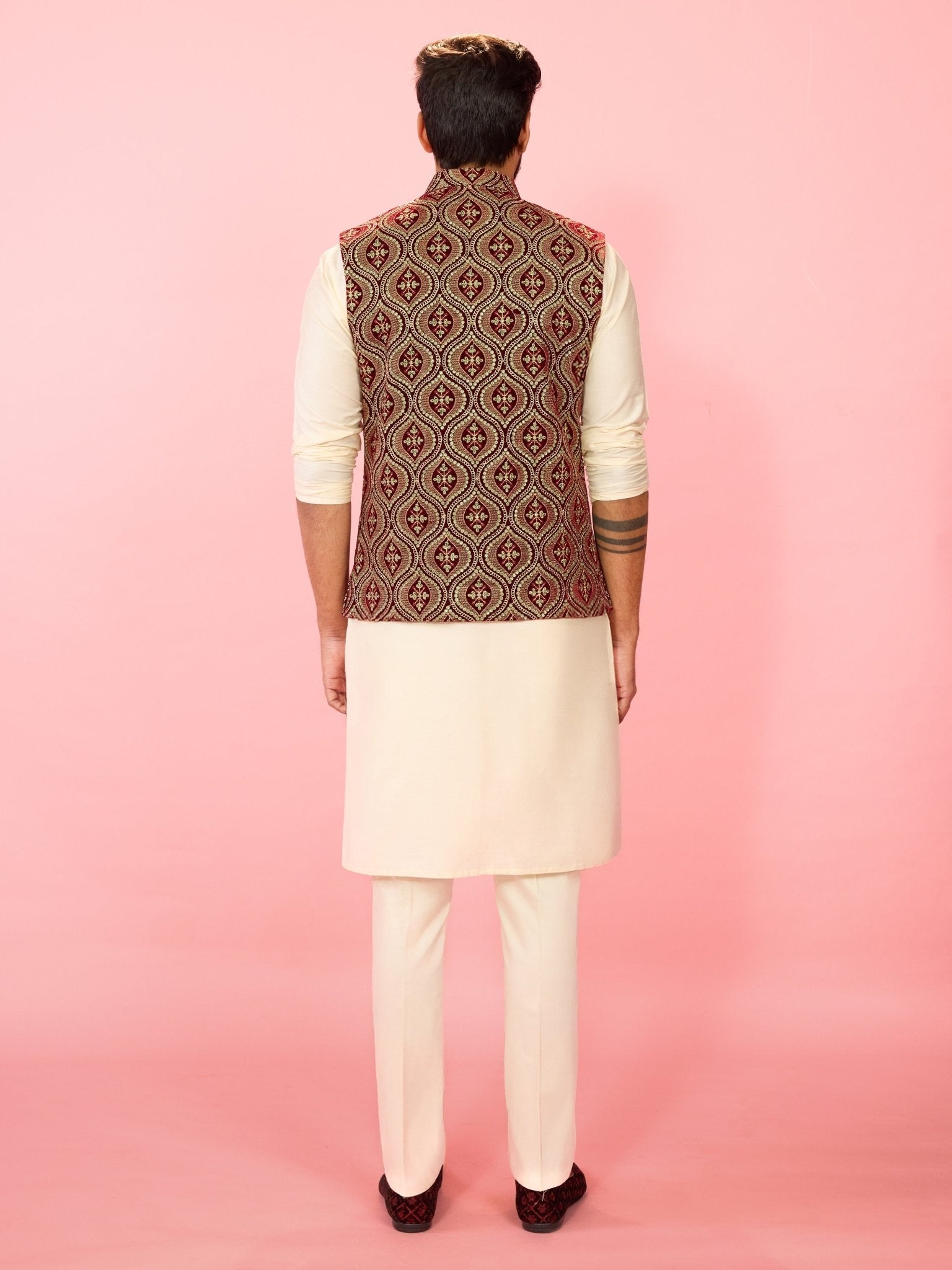 Men's Maroon Velvet Embroidered Nehru Jacket with Cream Silk Kurta & Pant Pyjama