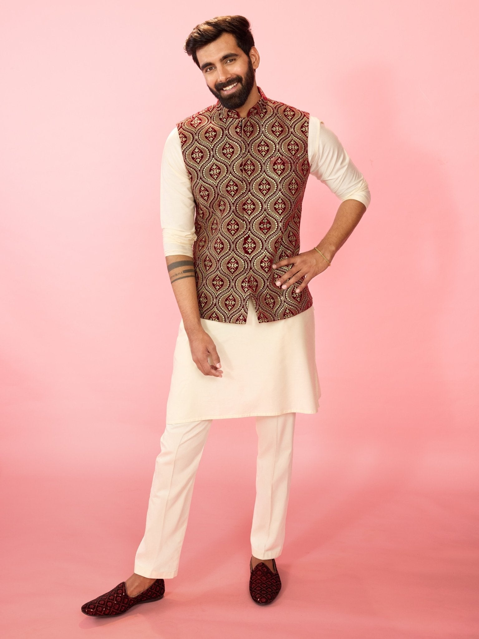 Men's Maroon Velvet Ethnic Motif Thread & Sequin Embroidered Nehru Jacket with Satin Lining
