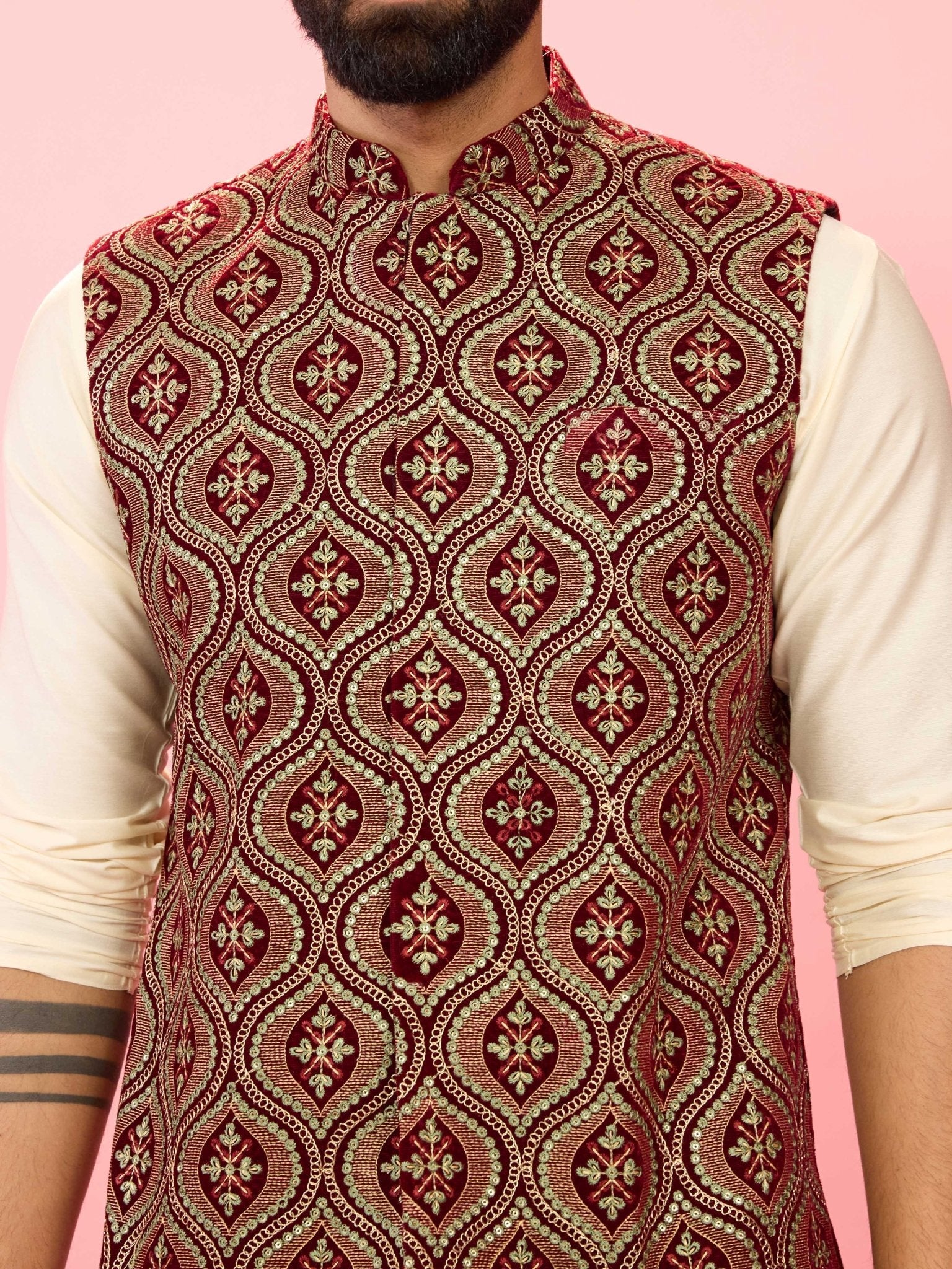Men's Maroon Velvet Ethnic Motif Thread & Sequin Embroidered Nehru Jacket with Satin Lining