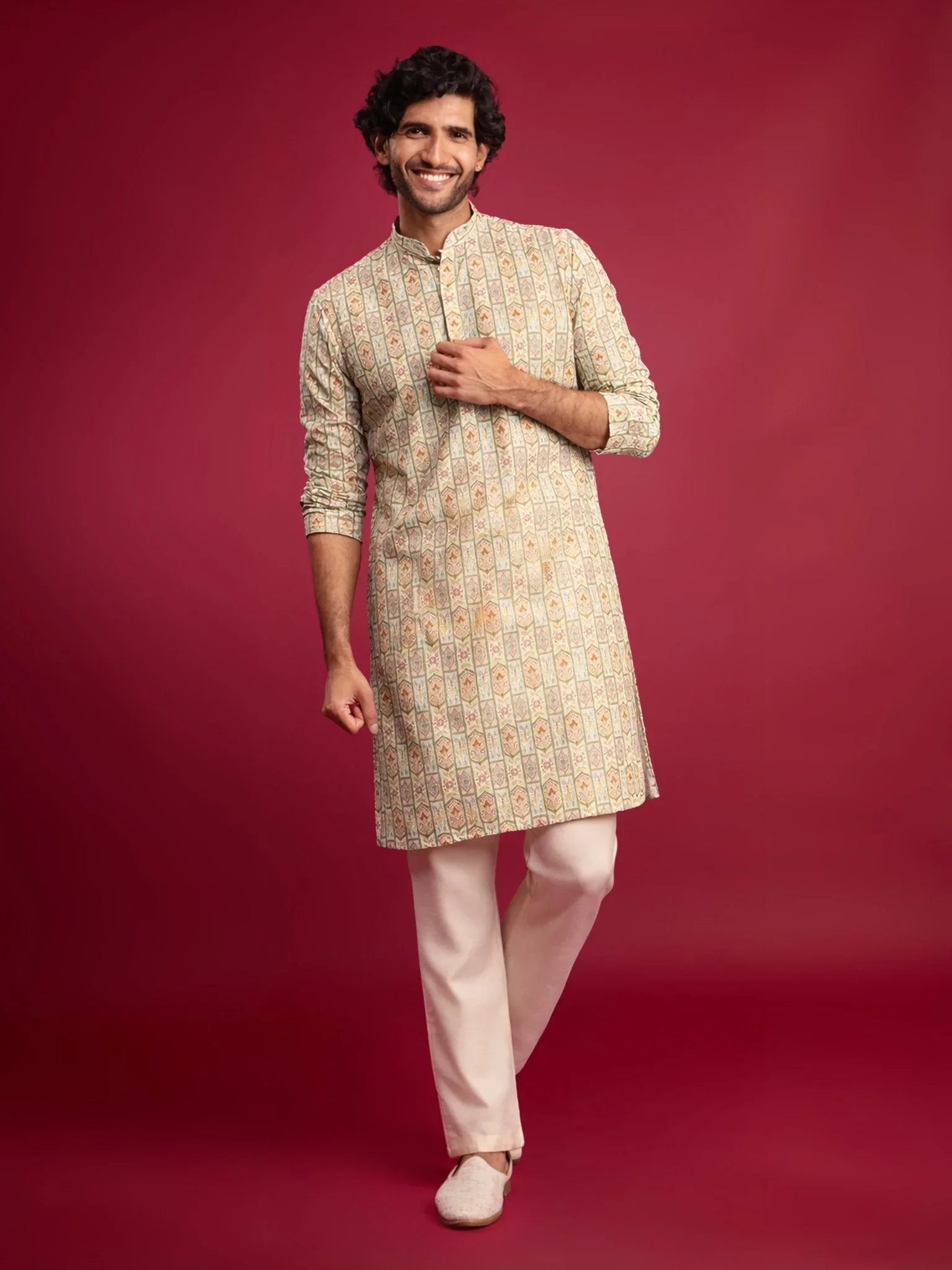 Men's Mint Green Cotton Blend Digital Print Sequin Long Kurta