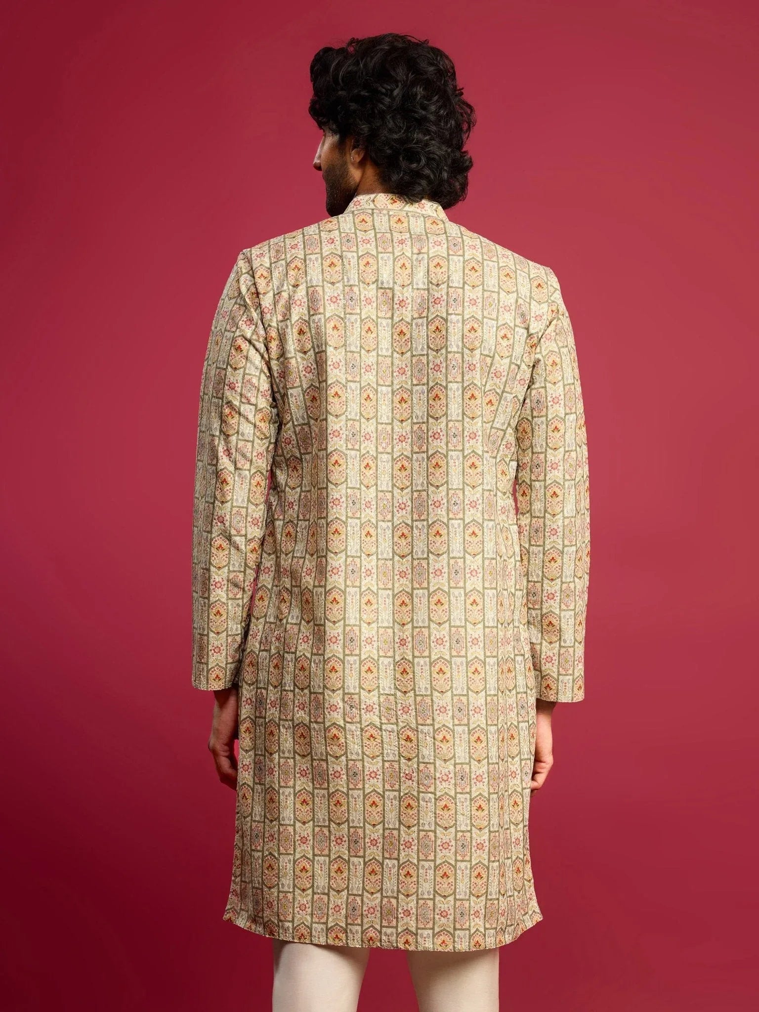 Men's Mint Green Cotton Blend Digital Print Sequin Long Kurta