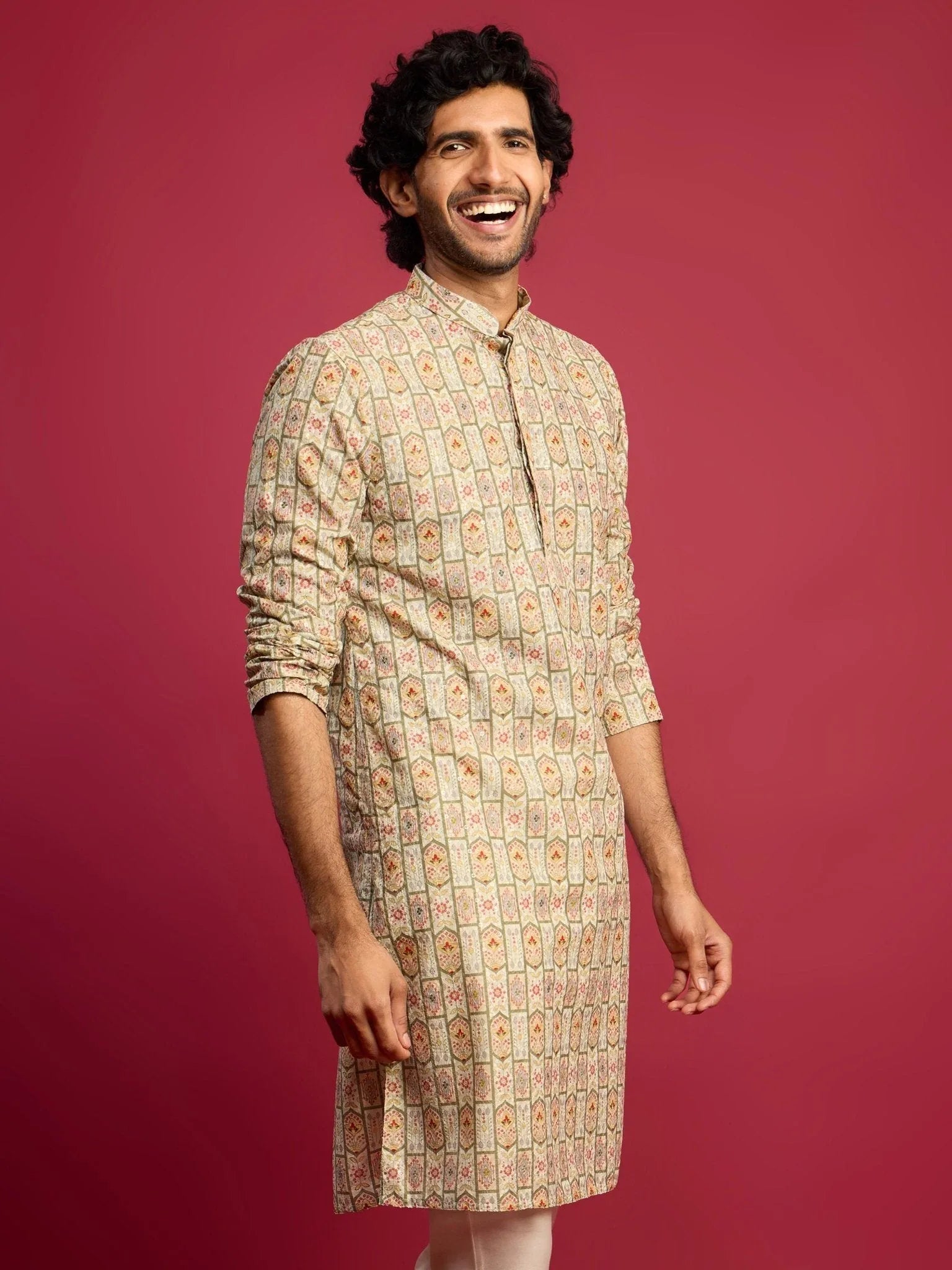 Men's Mint Green Cotton Blend Digital Print Sequin Long Kurta