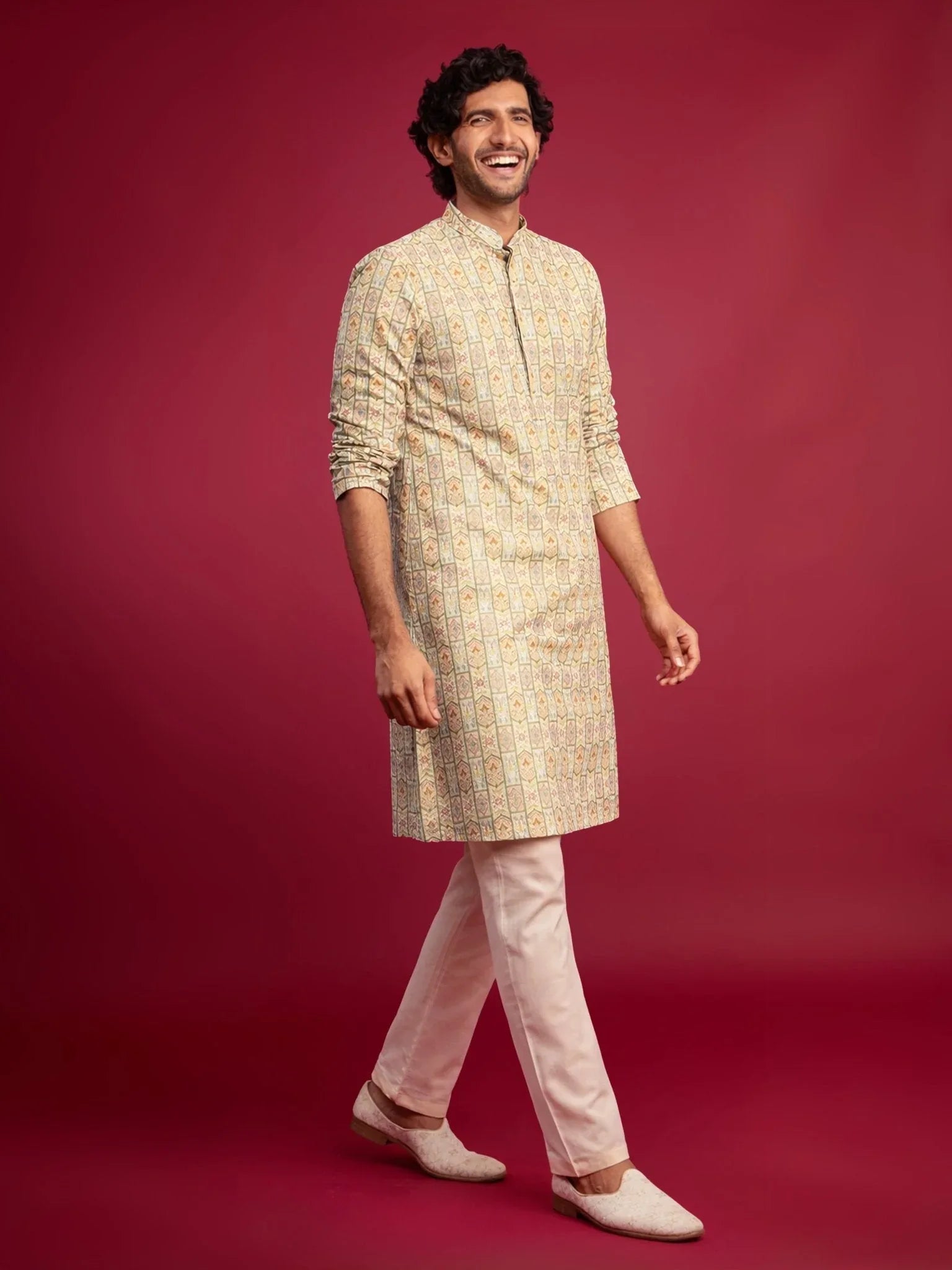 Men's Mint Green Cotton Blend Kurta with Cream Pyjama Set