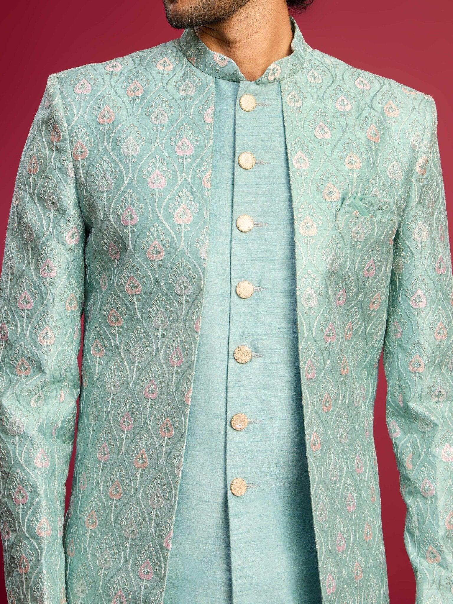 Men's Mint Green Embroidered Silk Blend Indo-Western with Cream Pant Style Pyjama