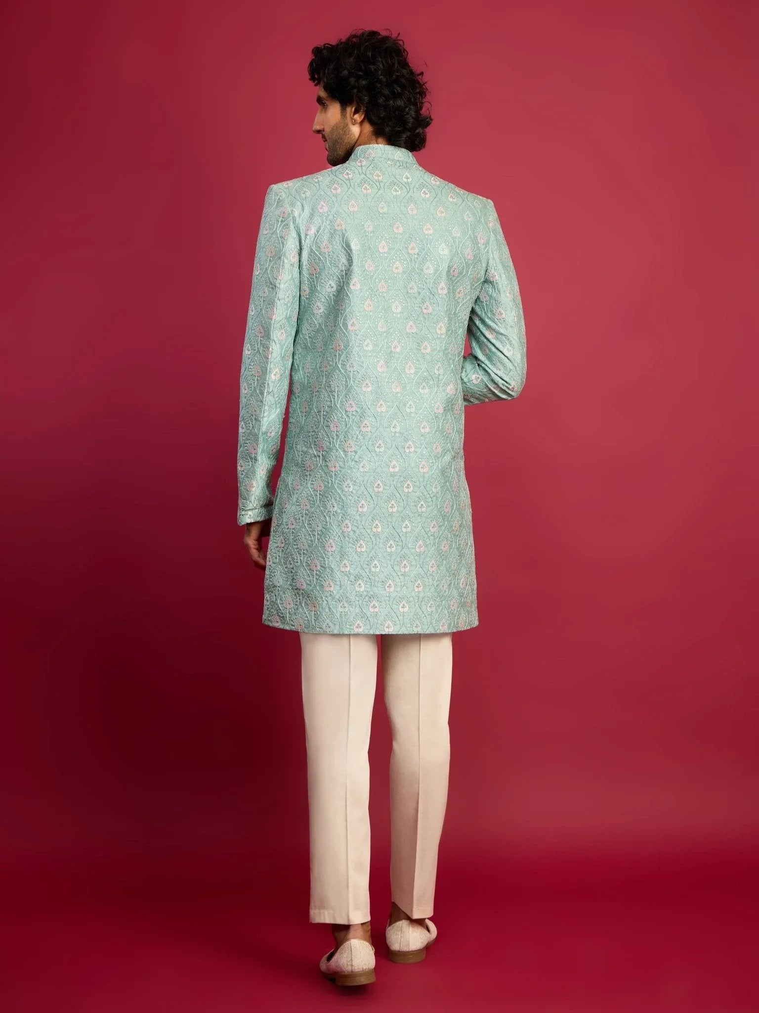 Men's Mint Green Embroidered Silk Blend Indo-Western with Cream Pant Style Pyjama