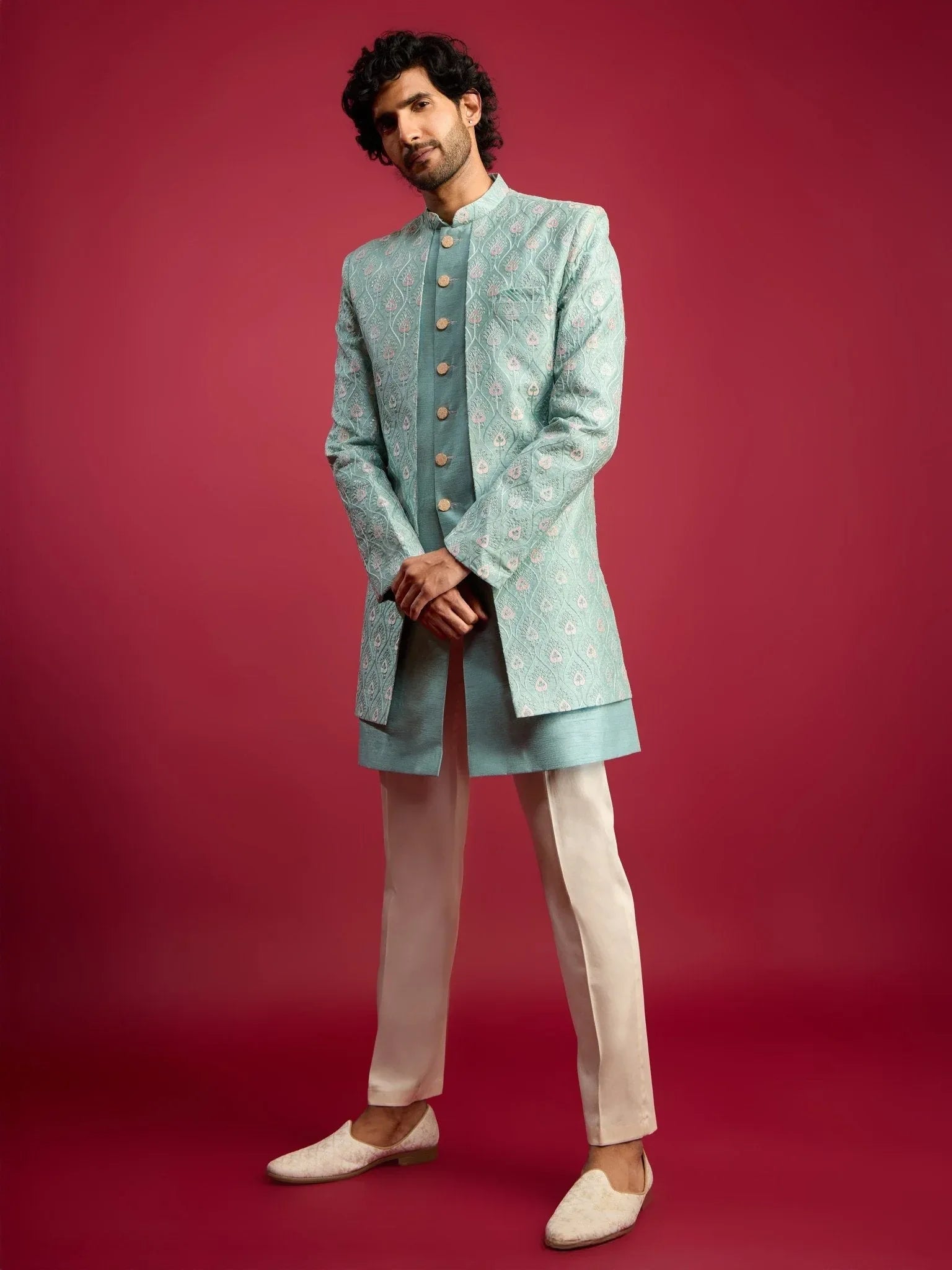 Men's Mint Green Embroidered Silk Blend Indo-Western with Cream Pant Style Pyjama