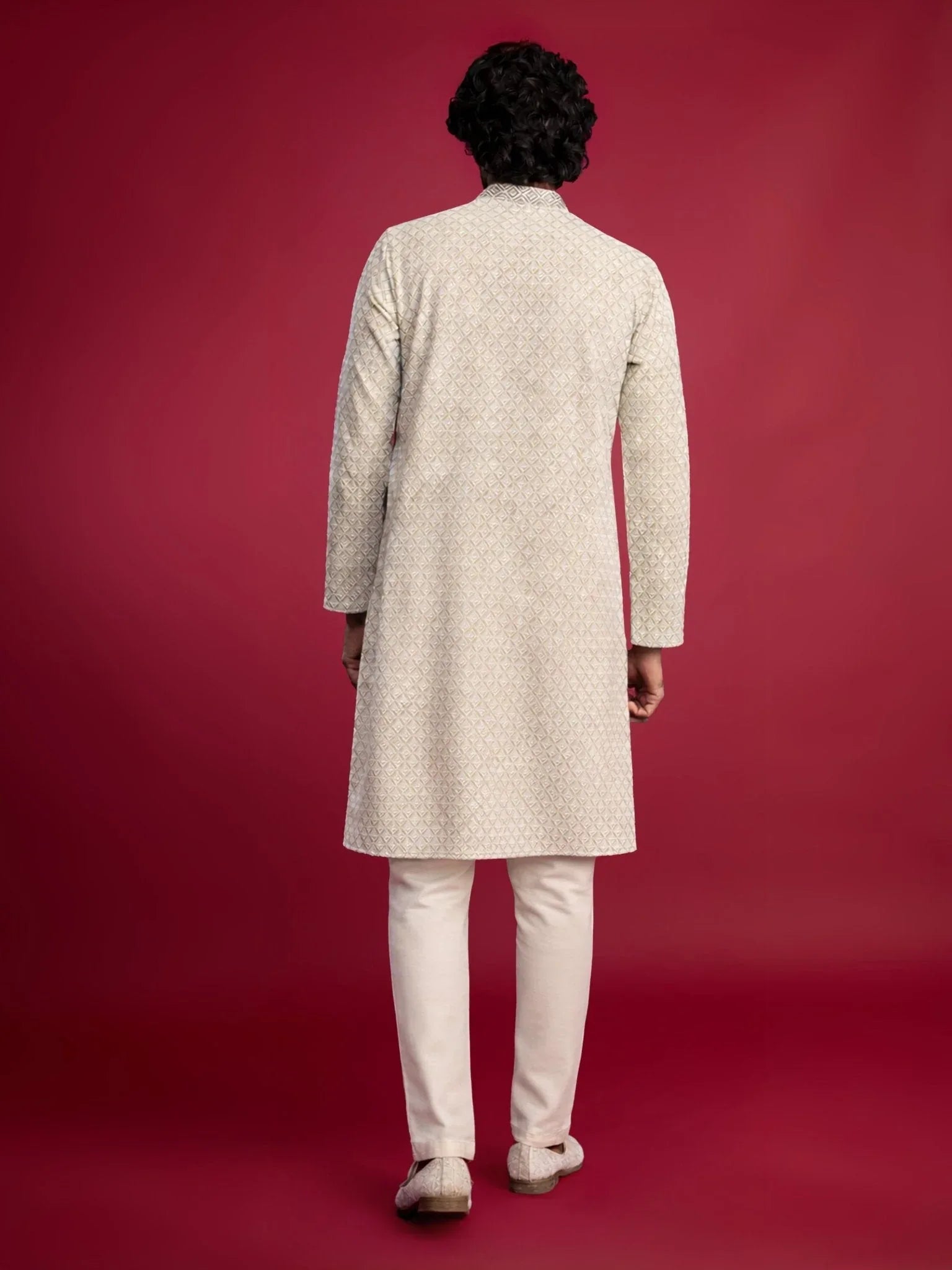 Men's Mint Green Faux Georgette Kurta with Cream Pyjama Set