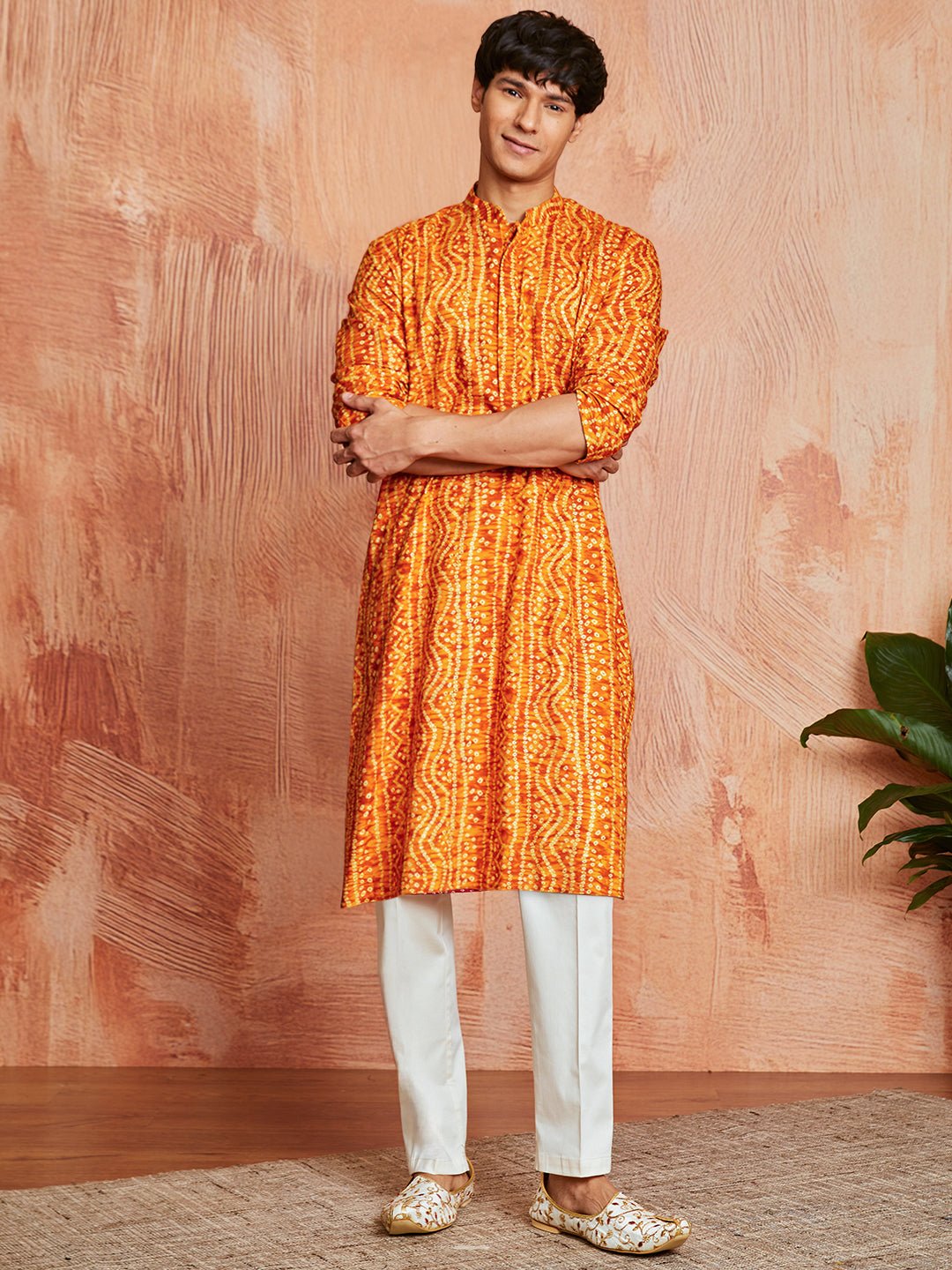 Men's Mustard Bandhni Foil Print Rayon Kurta with Cream Pyjama