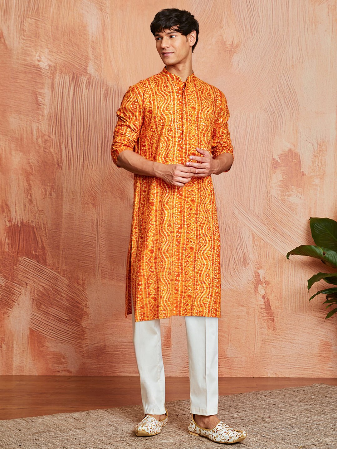 Men's Mustard Bandhni Foil Print Rayon Kurta with Cream Pyjama