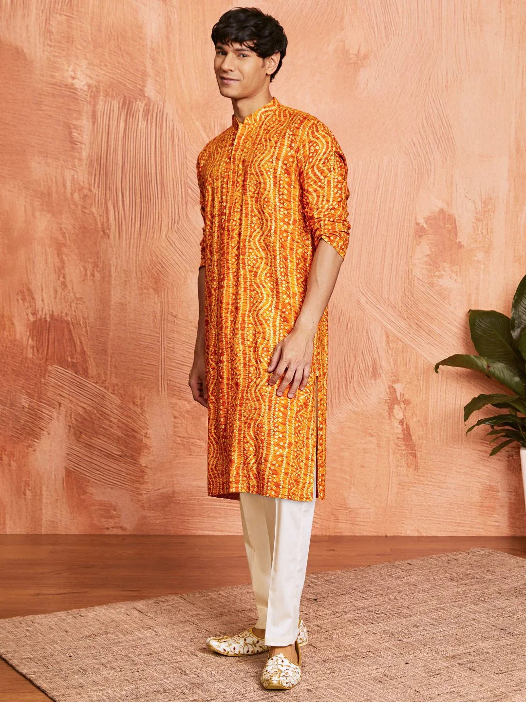 Men's Mustard Foil Bandhani Digital Print Rayon Kurta with Cream Viscose Pyjama