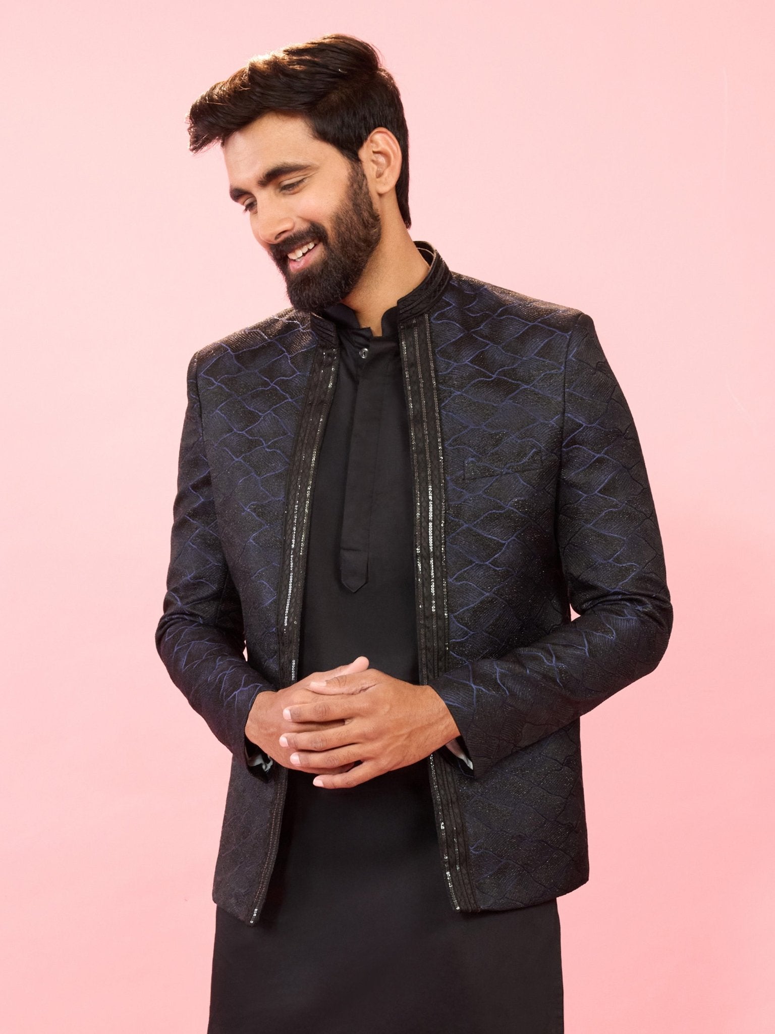 Men's Navy Blue Sequin Geometric Jodhpuri Blazer with Satin Lining