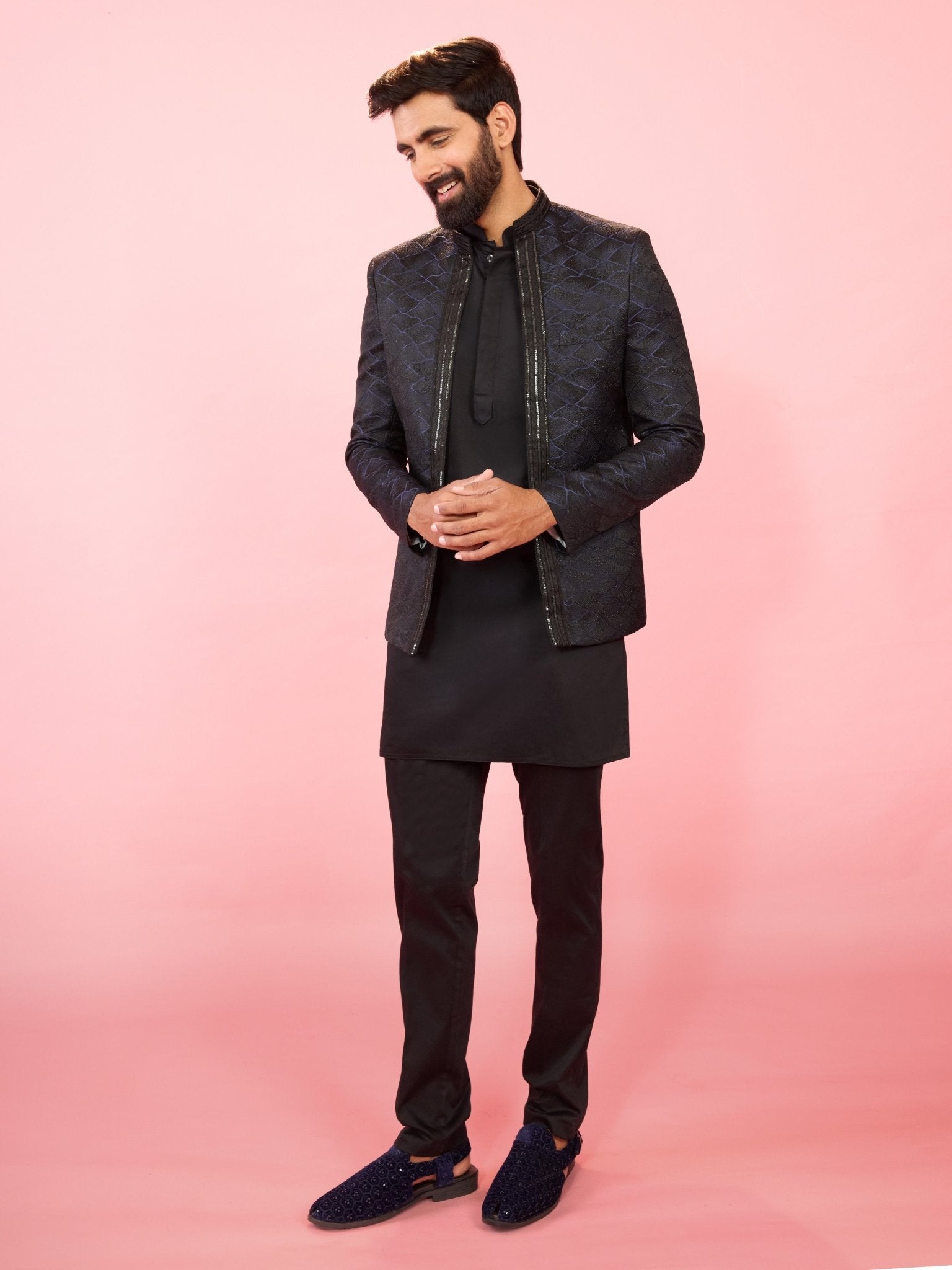 Men's Navy Blue Sequin Jodhpuri with Black Solid Satin Kurta & Pant Pyjama