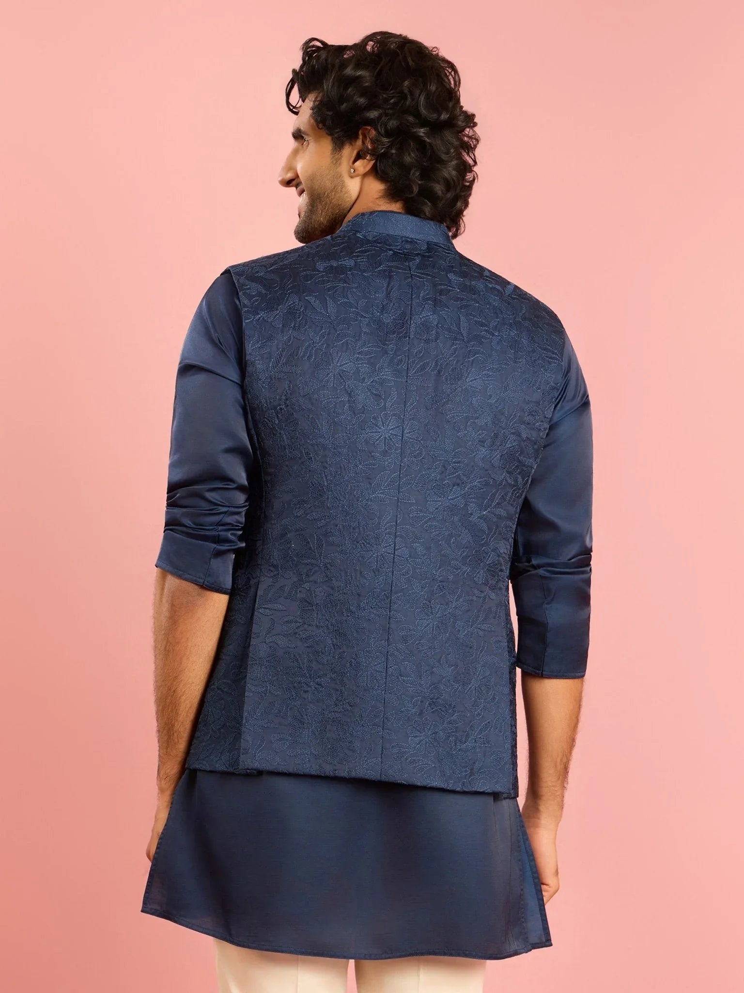 Men's Navy Blue Silk Blend Nehru Jacket