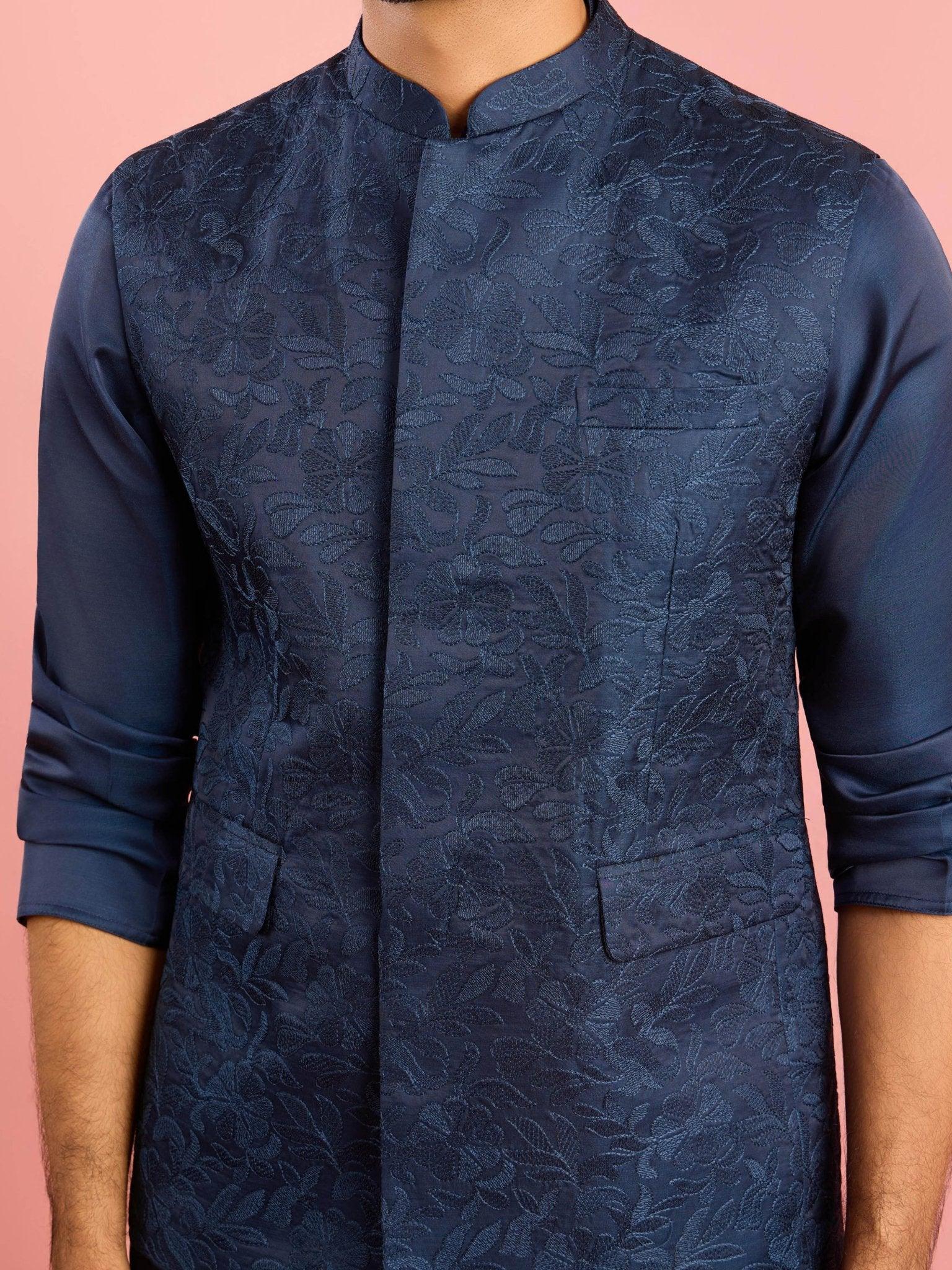 Men's Navy Blue Silk Blend Nehru Jacket