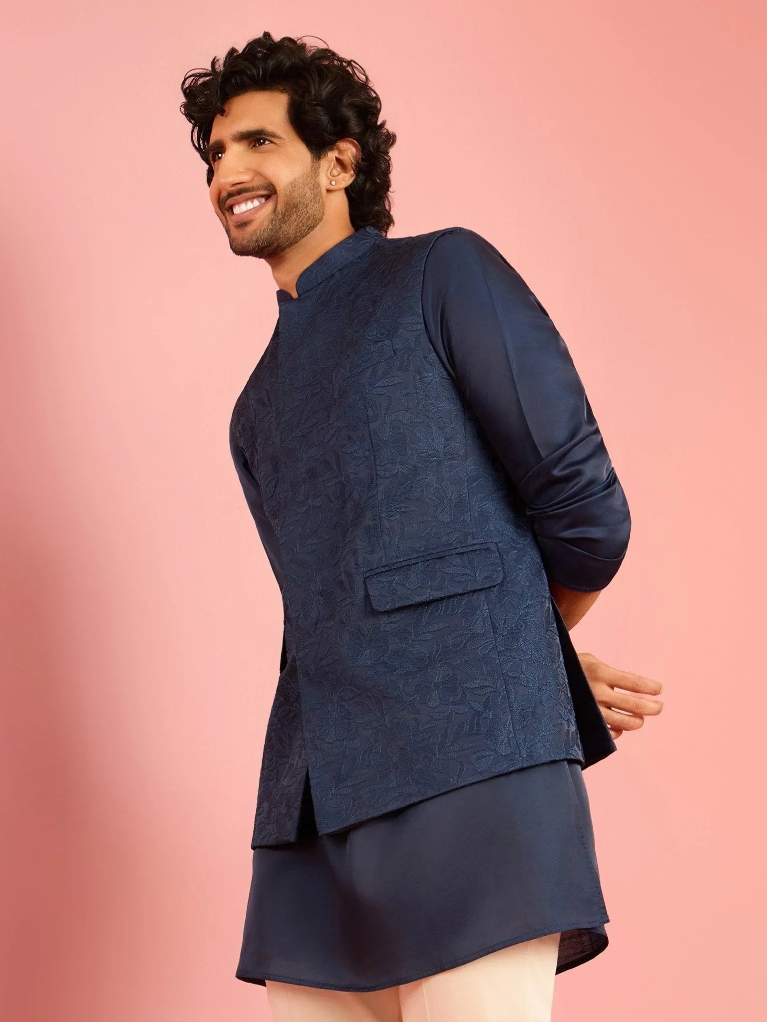 Men's Navy Blue Silk Blend Nehru Jacket