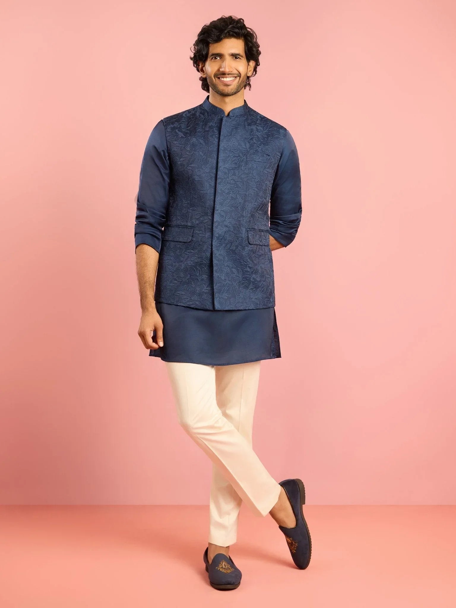 Men's Navy Blue Silk Blend Nehru Jacket