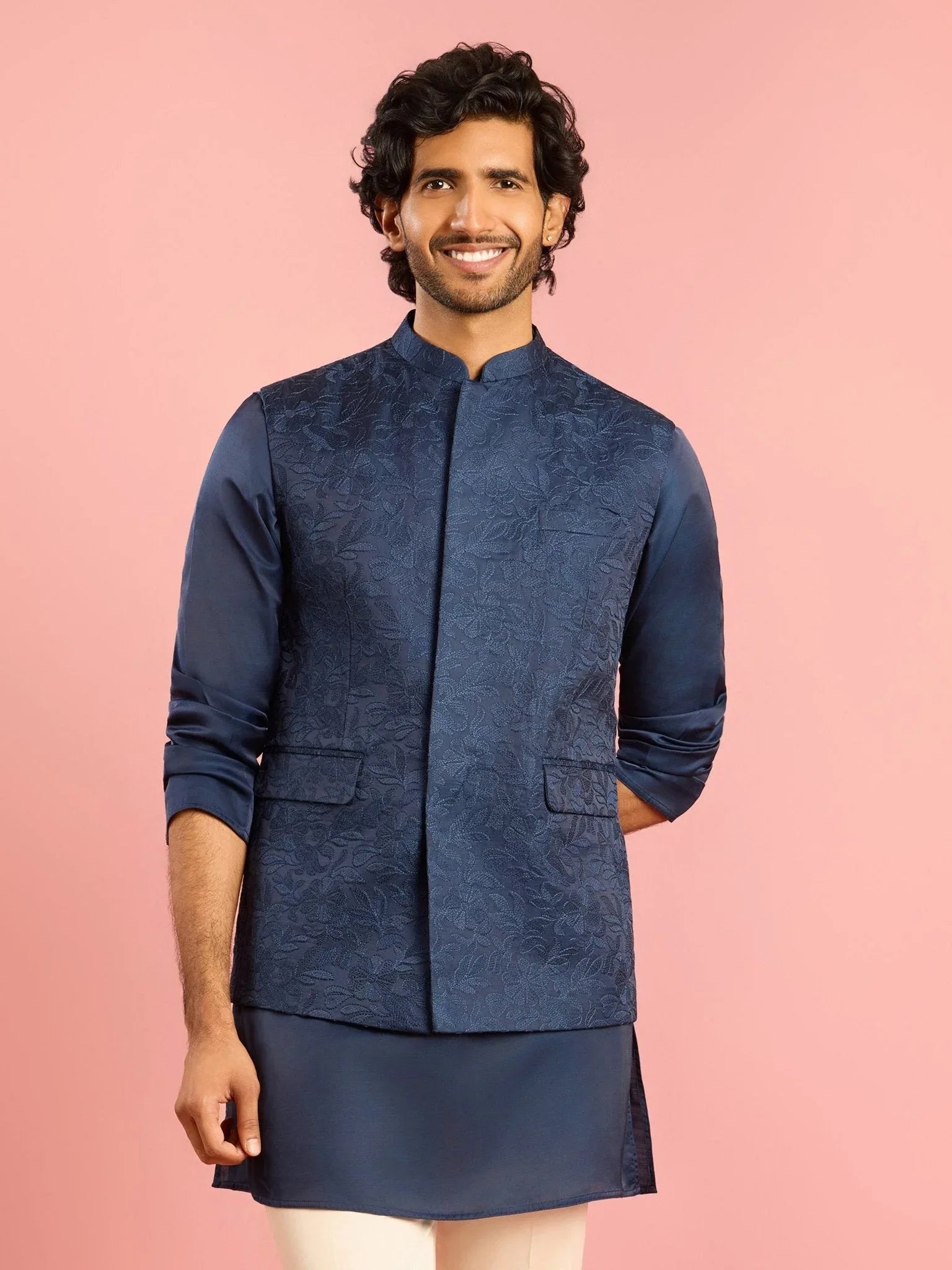 Men's Navy Blue Silk Blend Nehru Jacket