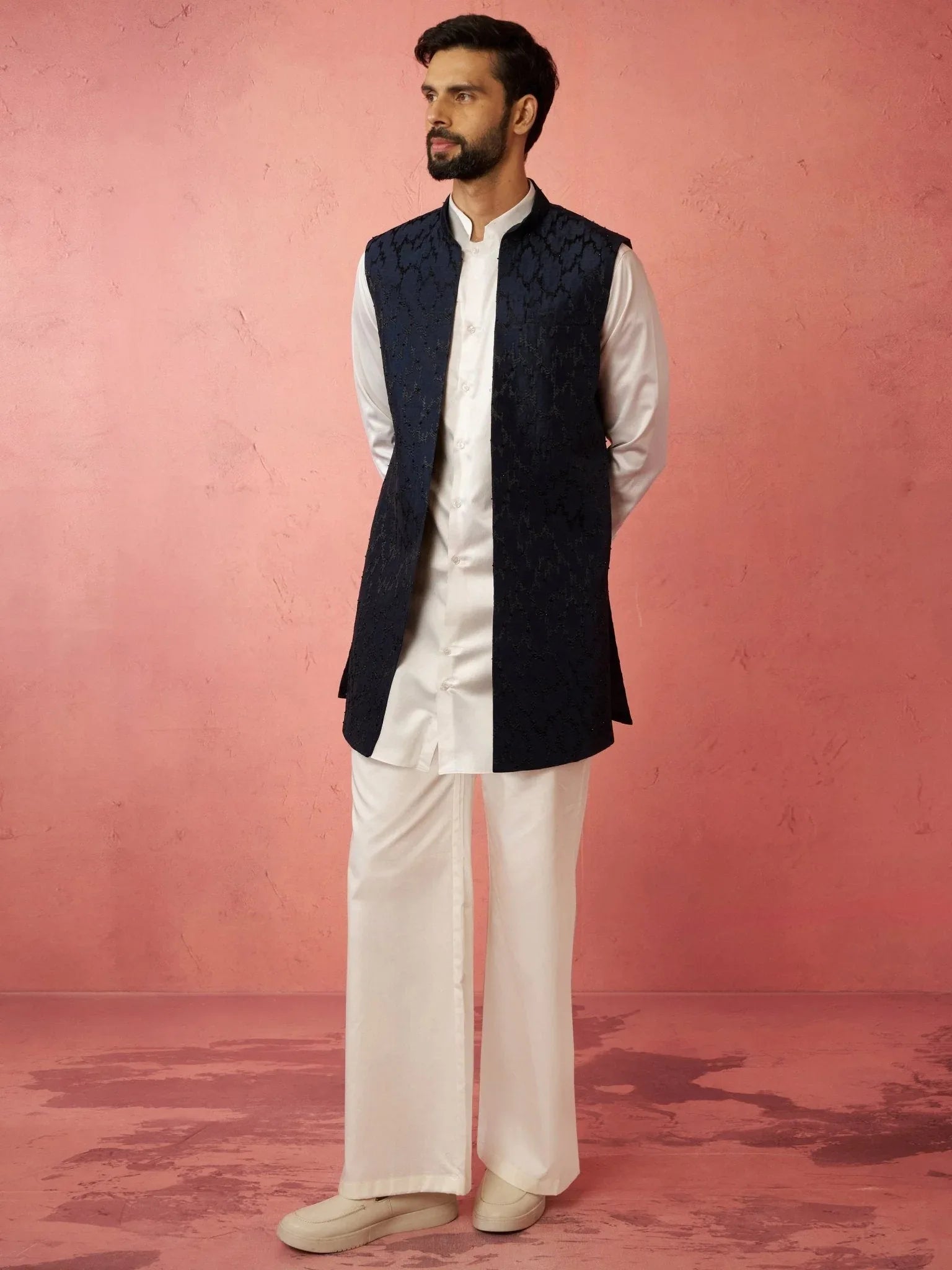 Men's Navy Embroidered Nehru Jacket with Cream Kurta Trouser