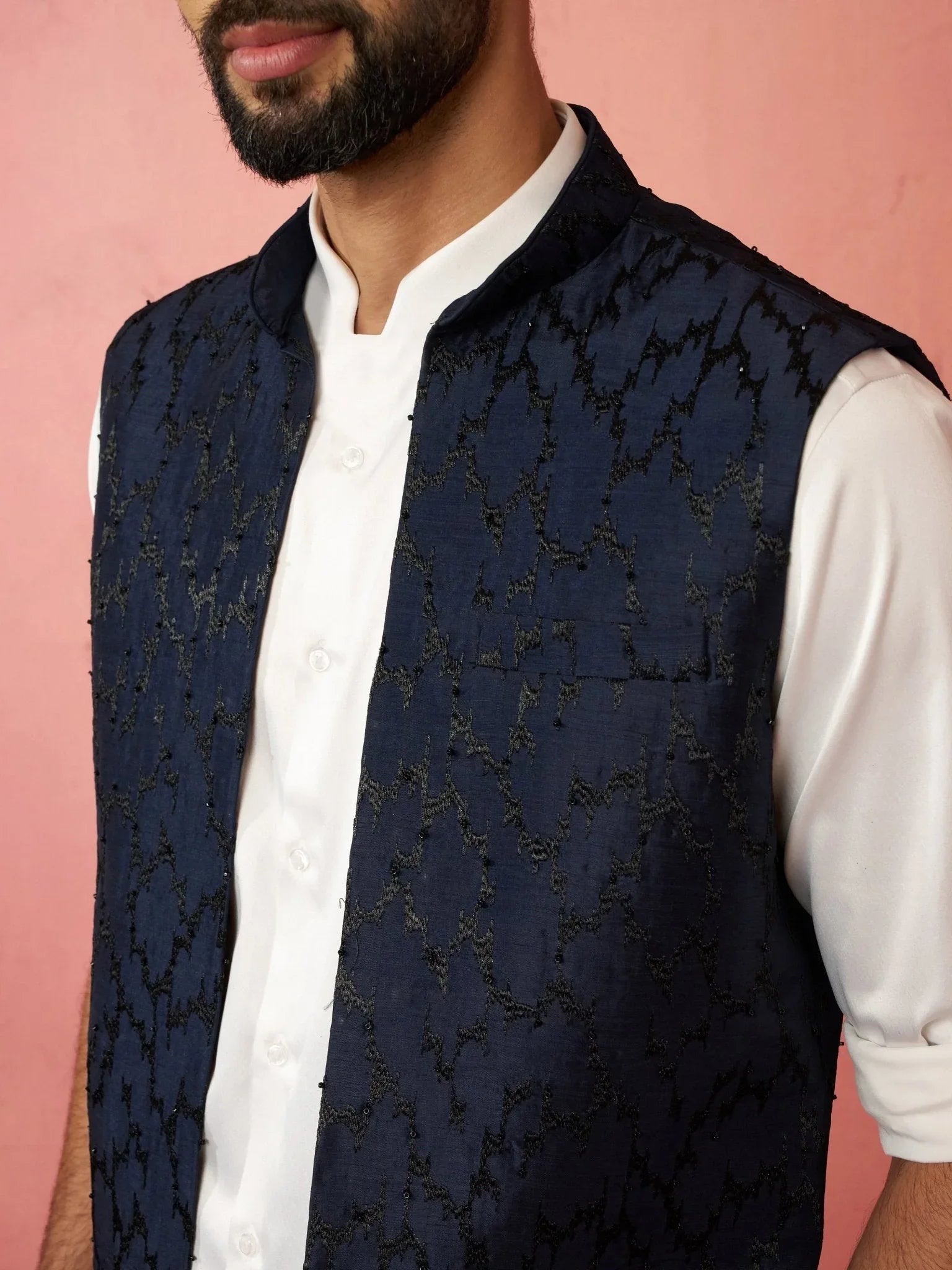 Men's Navy Embroidered Nehru Jacket with Cream Kurta Trouser