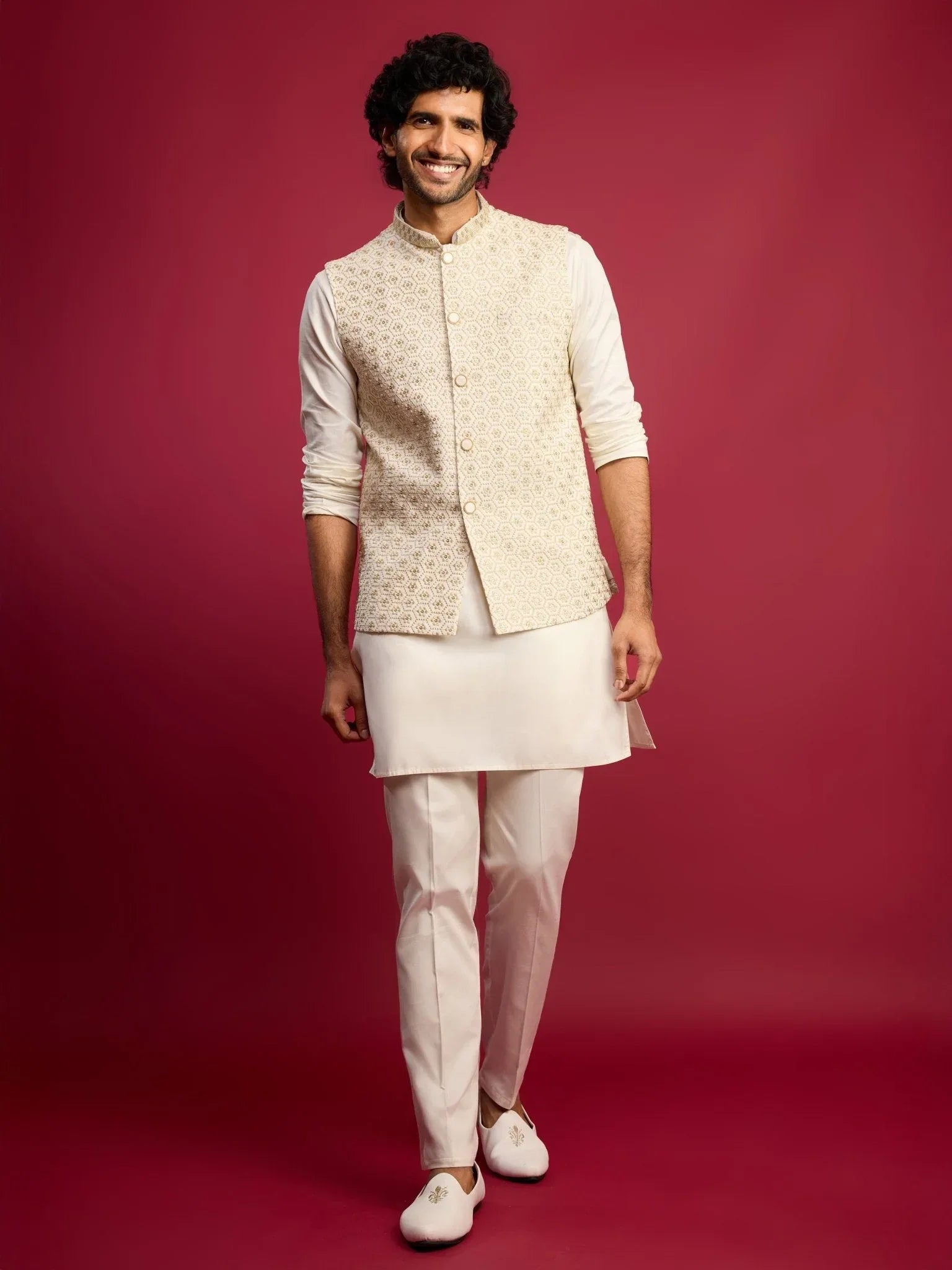 Men's Off White Chikankari Nehru Jacket with Cream Satin Kurta Pant Set
