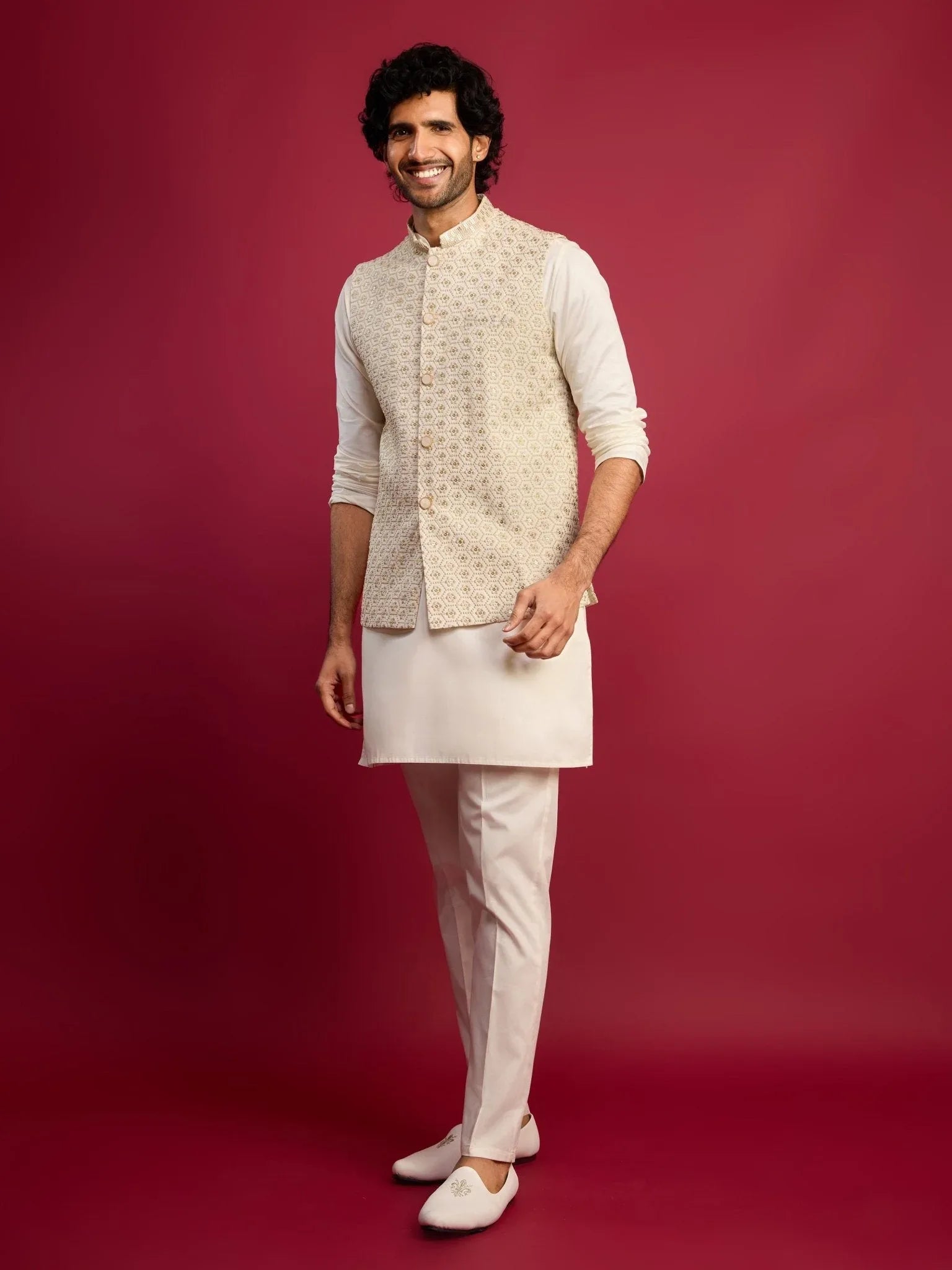 Men's Off White Chikankari Nehru Jacket with Cream Satin Kurta Pant Set