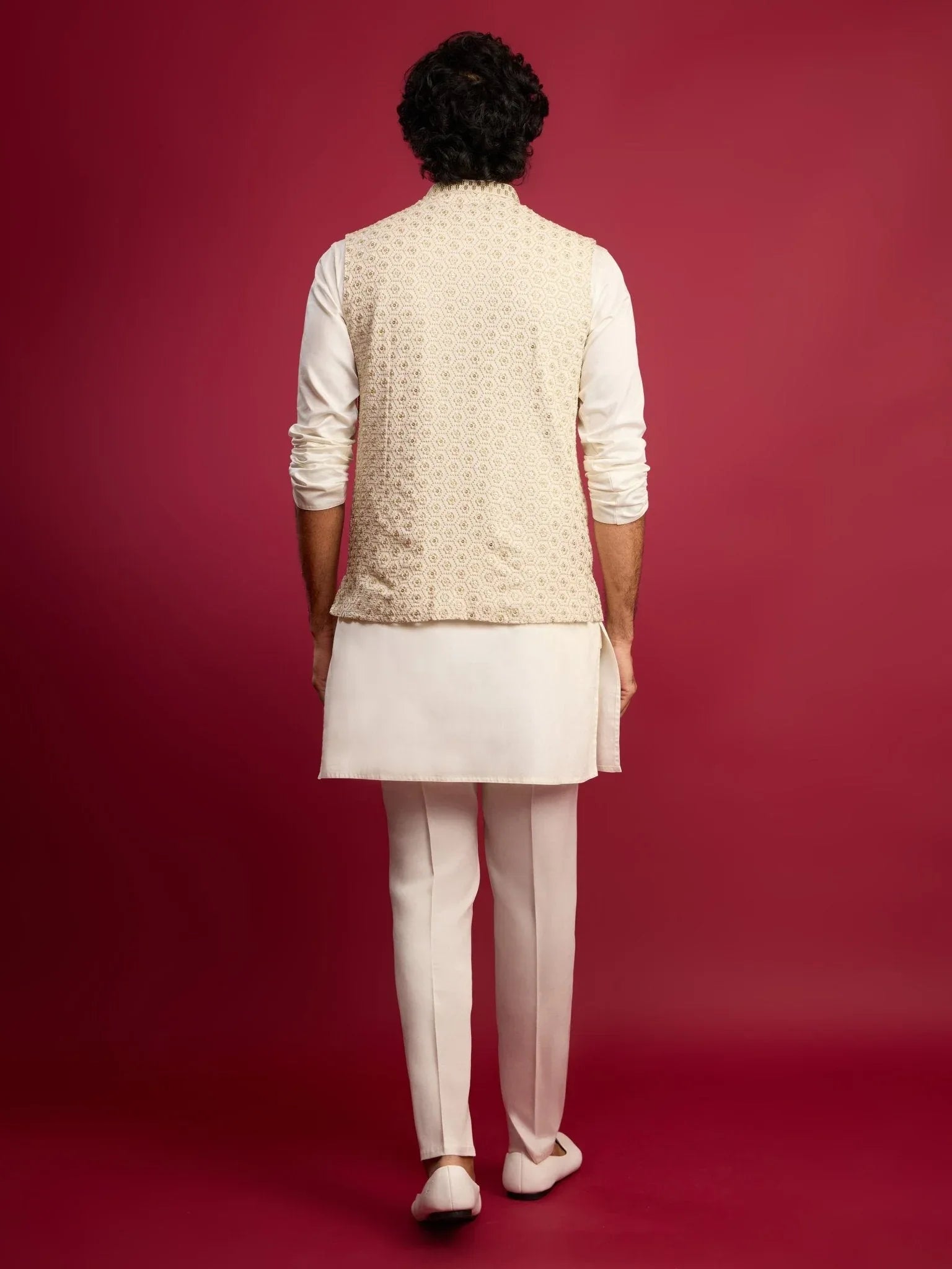 Men's Off White Chikankari Nehru Jacket with Cream Satin Kurta Pant Set