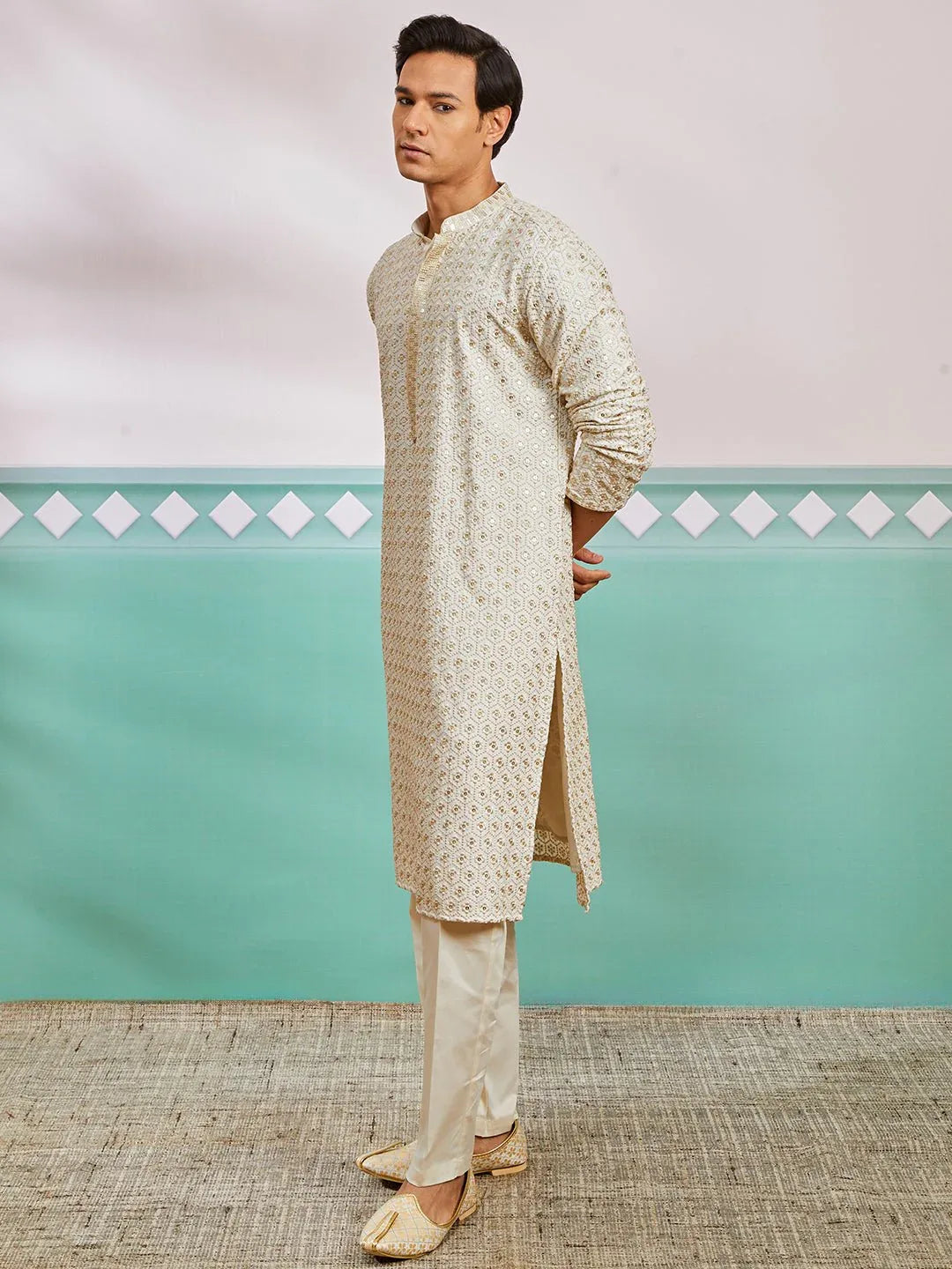 Men's Off White Chikankari Rayon Kurta with Cream Fine Satin Pyjama