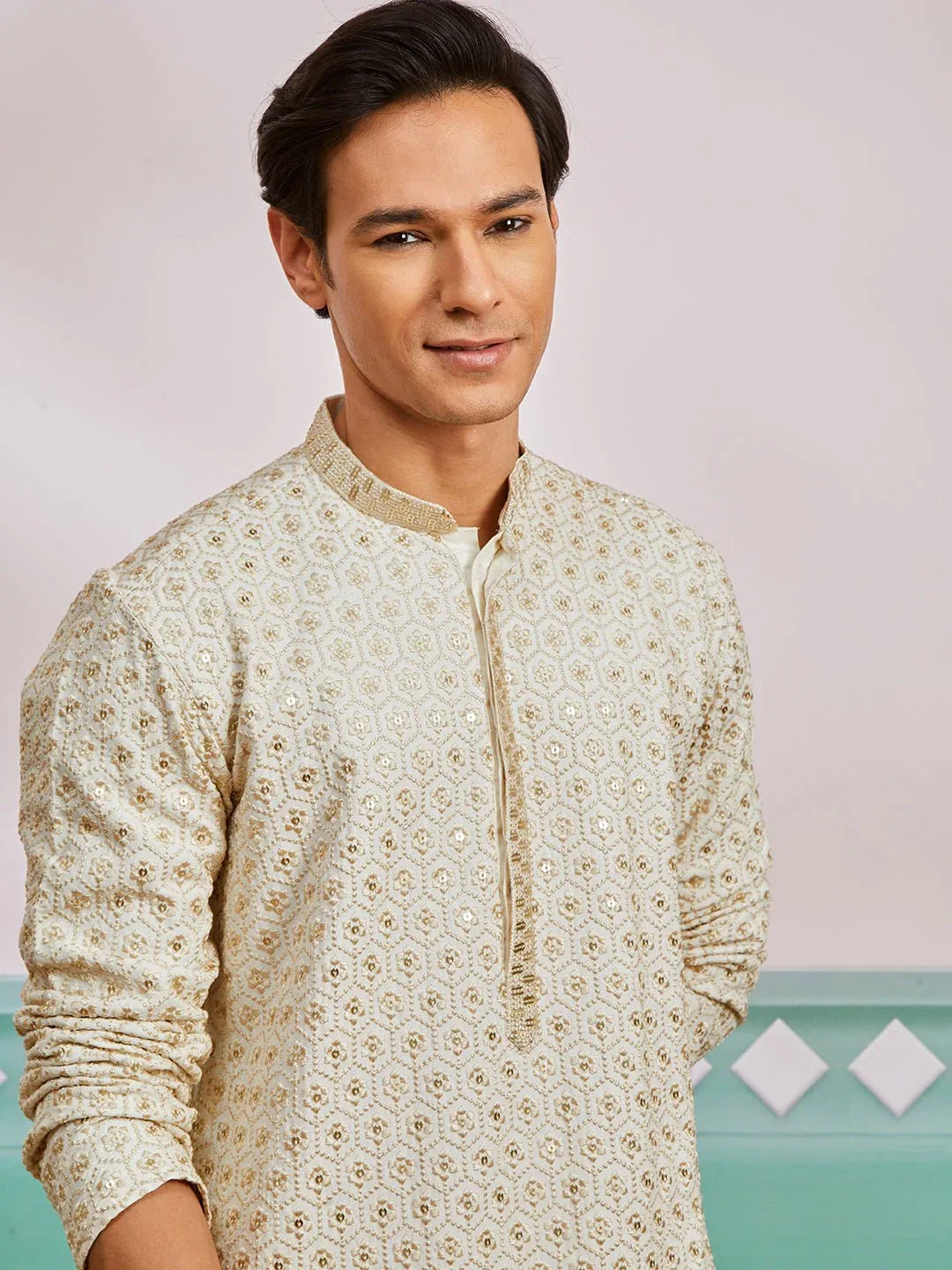 Men's Off White Chikankari Rayon Kurta with Cream Fine Satin Pyjama