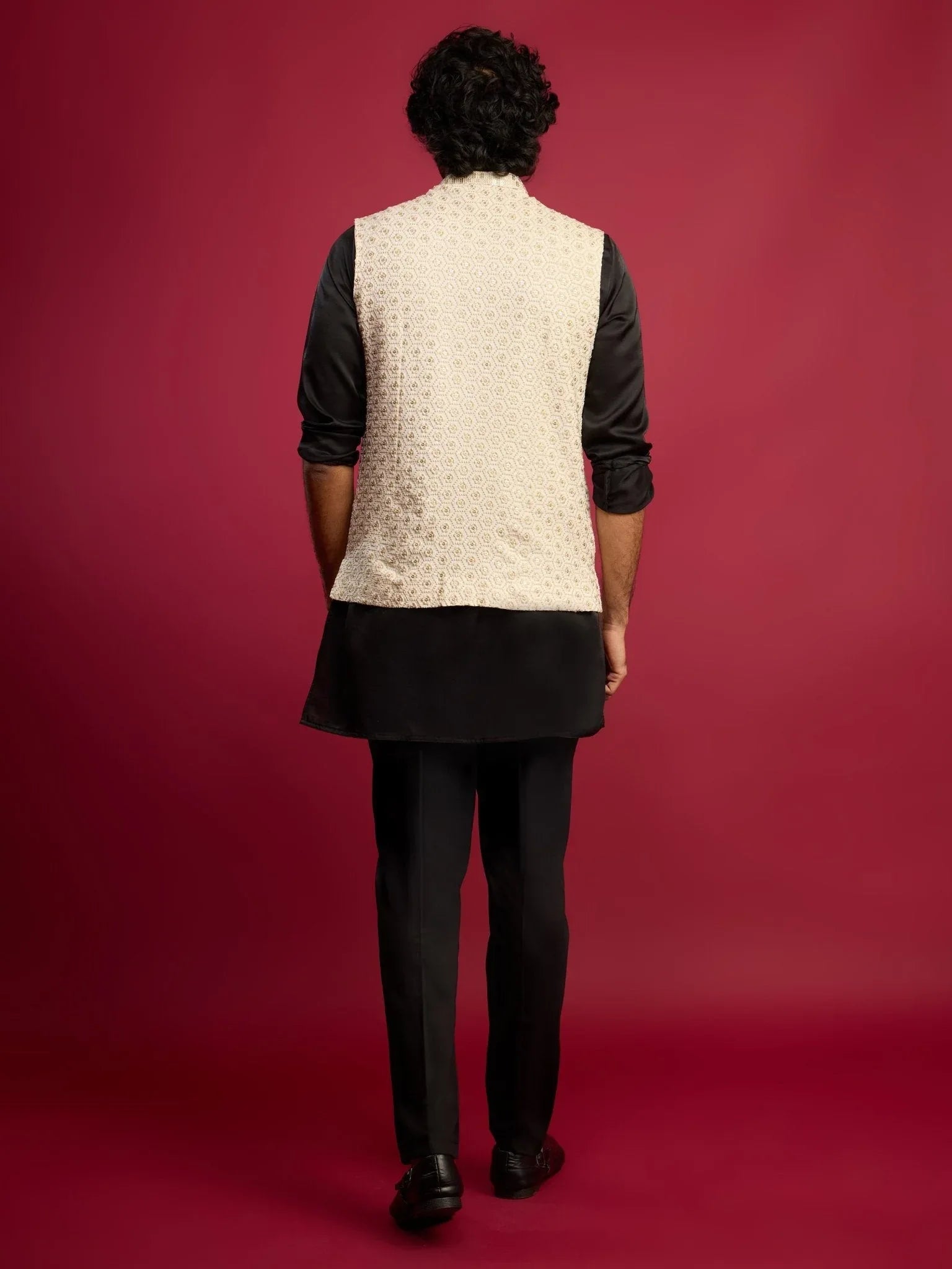 Men's Off-White Sequin Embroidered Nehru Jacket with Black Satin Kurta & Pants Set