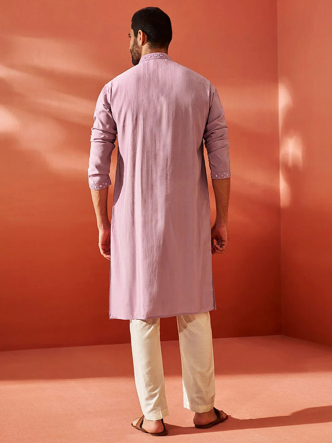 Men's Onion Fendi Silk Mirror Work Embroidered Kurta with Cream Satin Pyjama