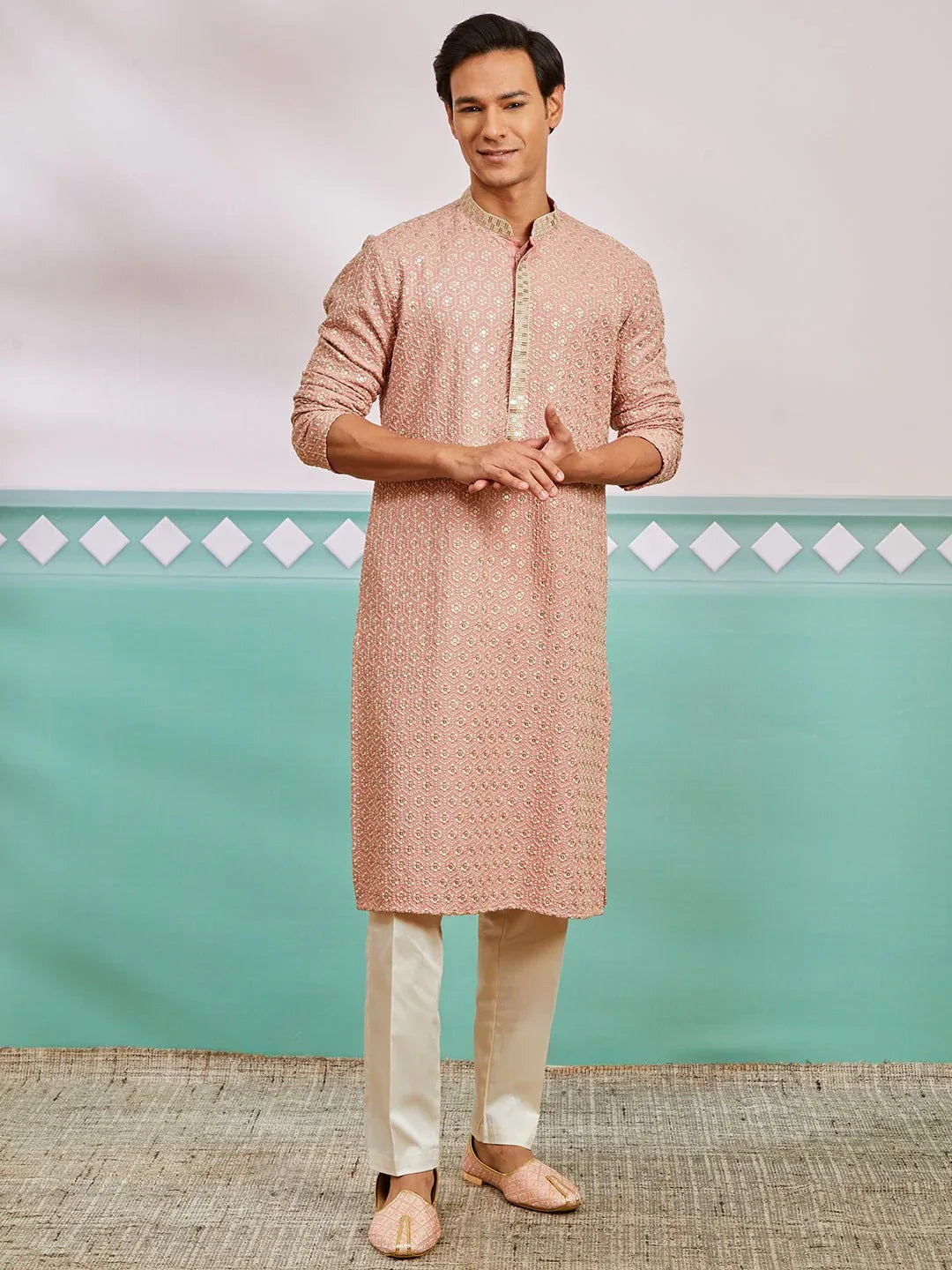 Men's Peach Chikankari Rayon Kurta with Cream Fine Satin Pyjama