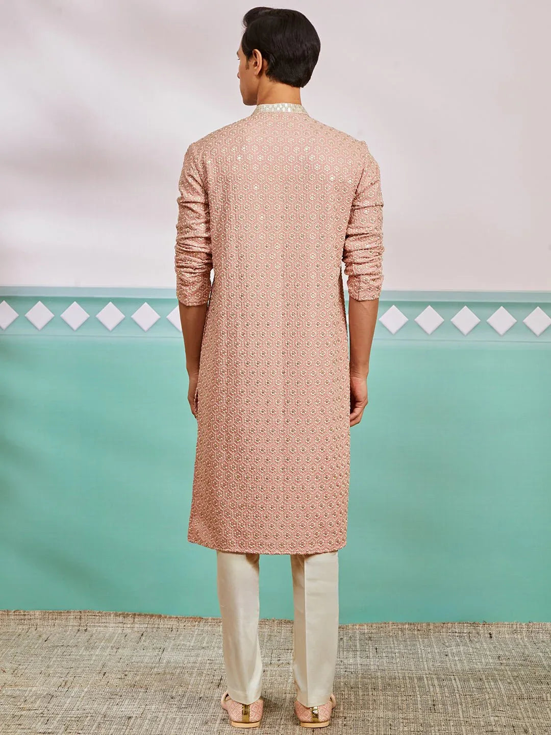 Men's Peach Chikankari Rayon Kurta with Cream Fine Satin Pyjama