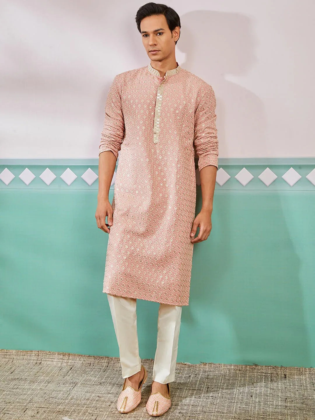 Men's Peach Chikankari Rayon Kurta with Cream Fine Satin Pyjama