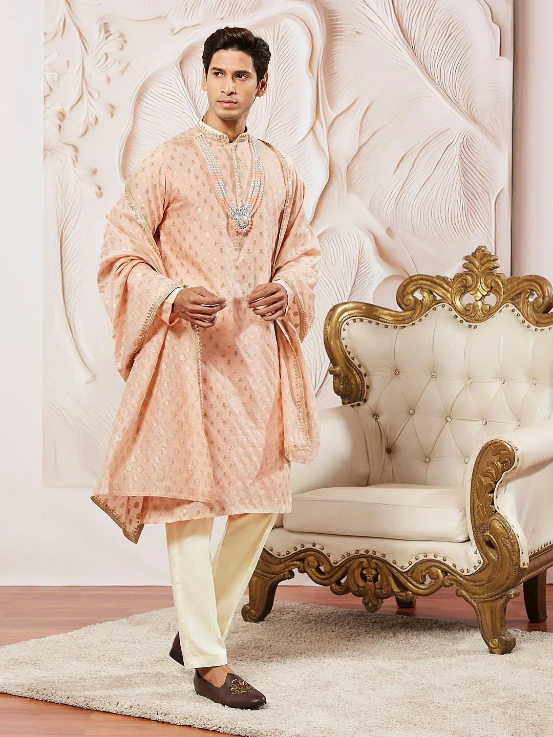 Men's Peach Kurta Pyjama with Woven Dupatta Set