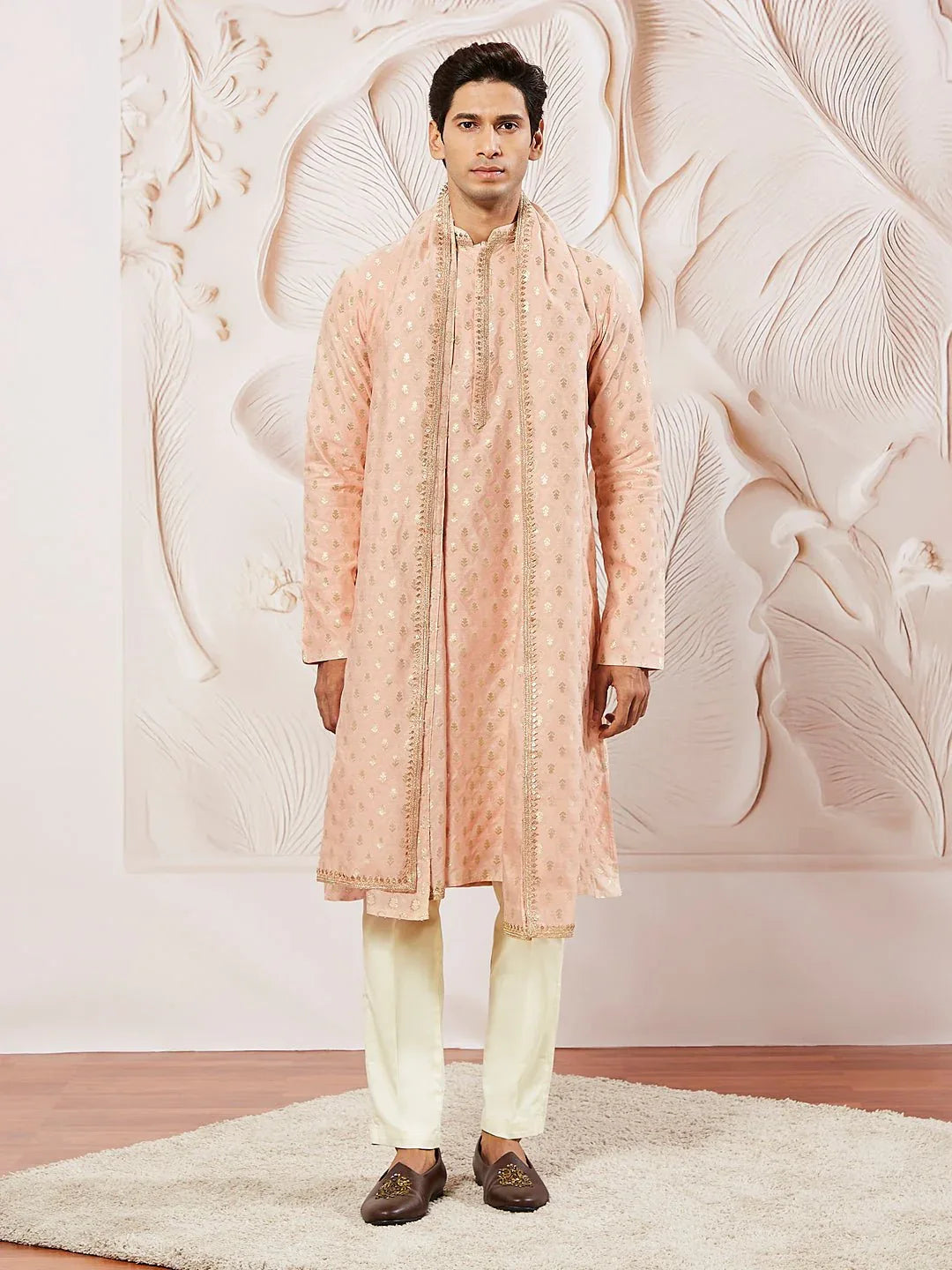 Men's Peach Kurta Pyjama with Woven Dupatta Set